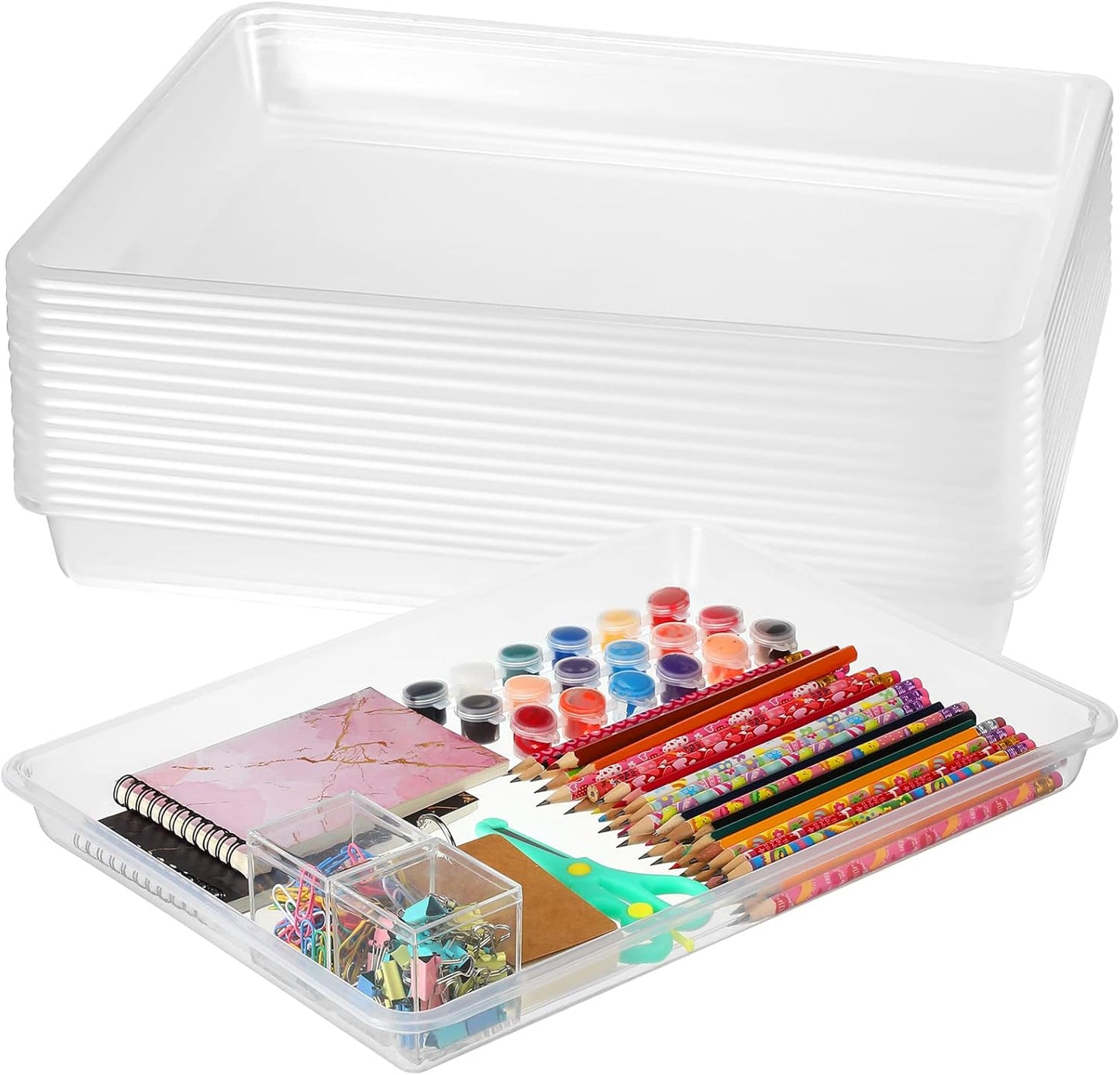 Maitys 15 Pcs Flat Plastic Trays 16.1 x 11.8'' Sensory Storage Tray Paper Stackable Classroom Bins for Office Home Organizer Arts and Crafts Supplies(Clear)