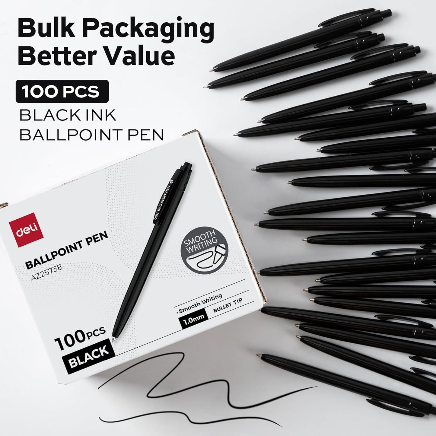 deli Pens Bulk, 100 Pack Retractable Ballpoint Pens, 1.0MM Black Ink,Smooth Writing, No Bleed, Comfortable Grip for Home,Office & School Use