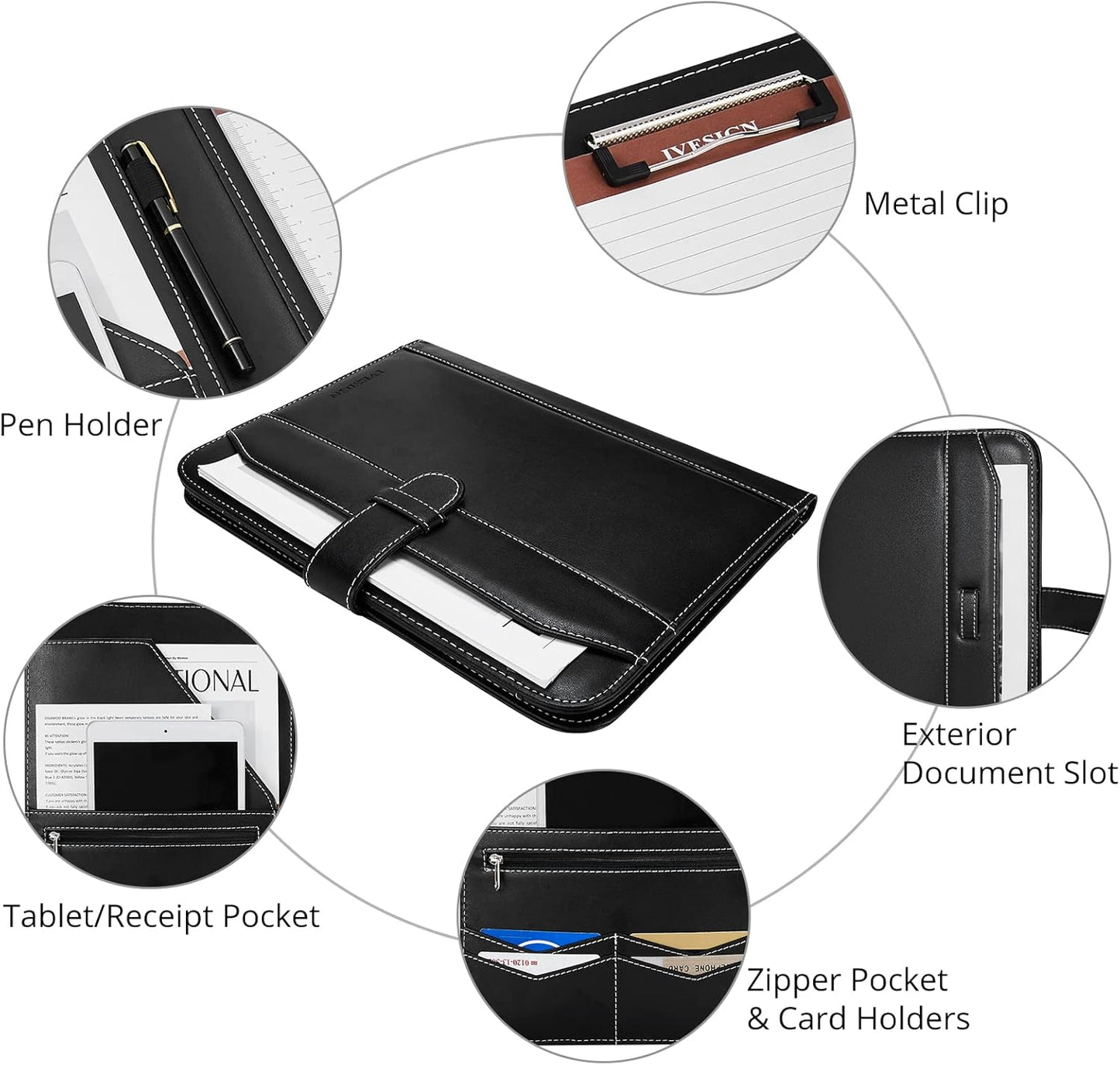IVESIGN Leather Portfolio Notebook with Folder，Storage Clipboard with Cover for Legal Pad Holder Letter Size A4 Writing Pad for Business School Office Resume Conference Notepad Clip Boards(Black)
