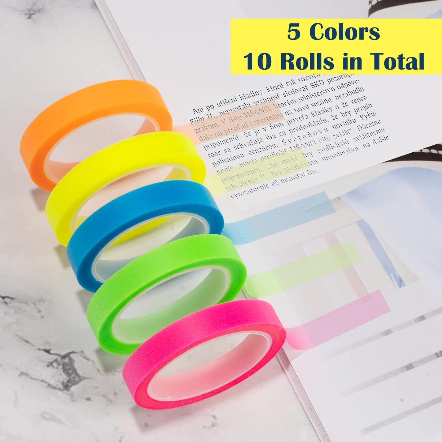 NEWEST 10 Rolls Highlighter Tapes, Clear Color Tape Removable Marking Sticker for Reading Class, 16 ft Per Roll
