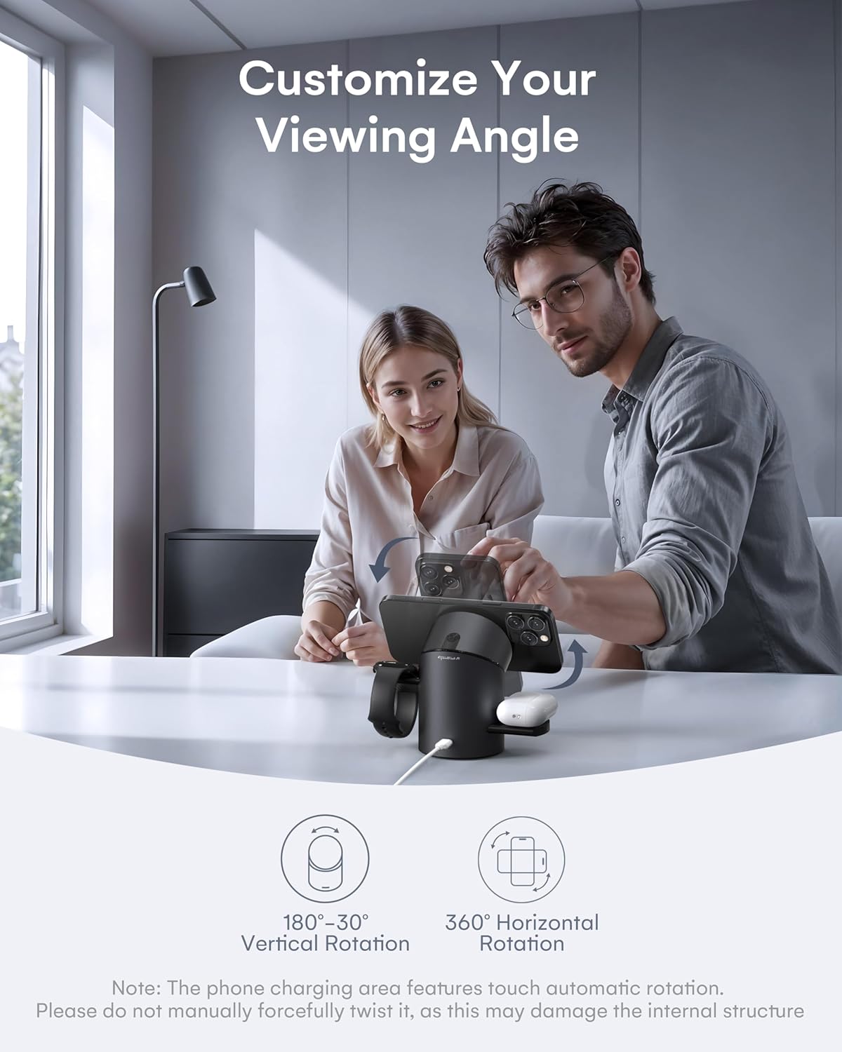 ZEEHOO 3 in 1 Charging Station for Apple Devices, Mag-Safe Charger Stand, Qi2 15W Auto-Rotating Wireless Charger for iPhone 16/15/14/13/12 Series& AirPods& iWatch(Black)