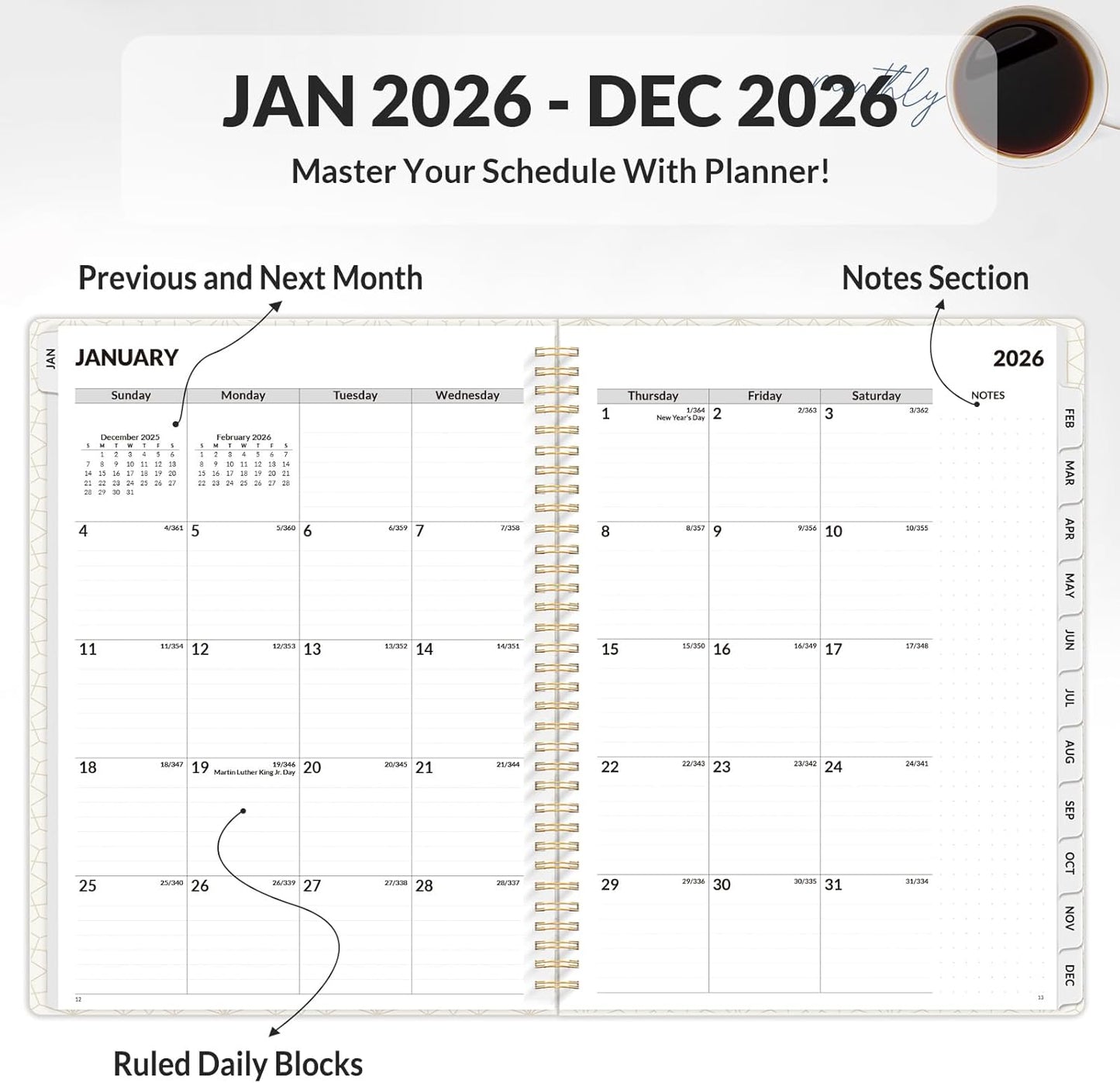 SUNEE Planner 2026 Weekly and Monthly, January 2026-December 2026, 8.5"x11", Tabs, Note Pages,Spiral Binding, Blue
