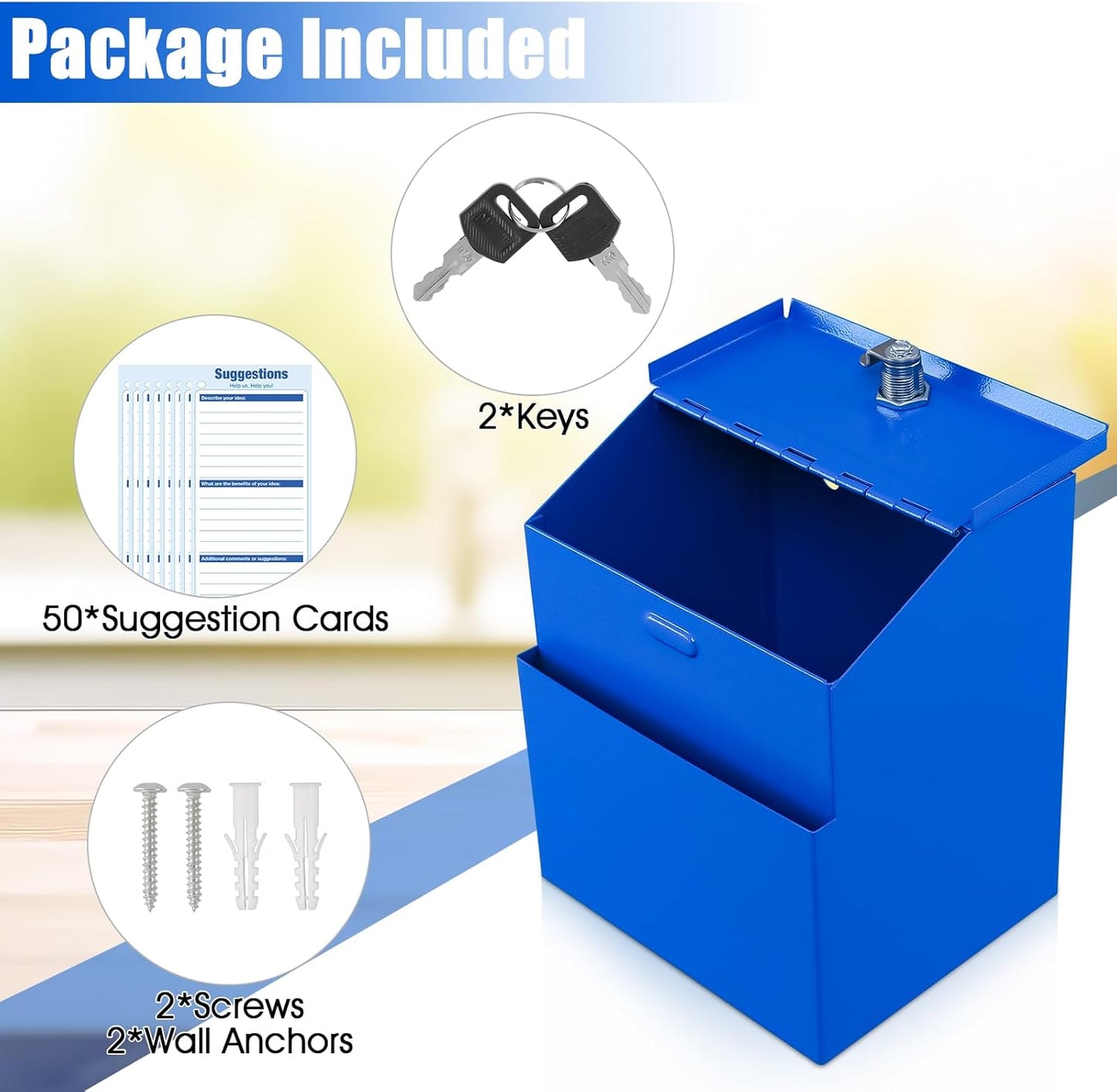 KYODOLED Suggestion Box with Lock, Metal Wall Mounted Donation and Ballot Drop Box with Slot & 2 Keys, 50 Free Suggestion Cards, 8H x 5.7W x 7L Inch, Blue