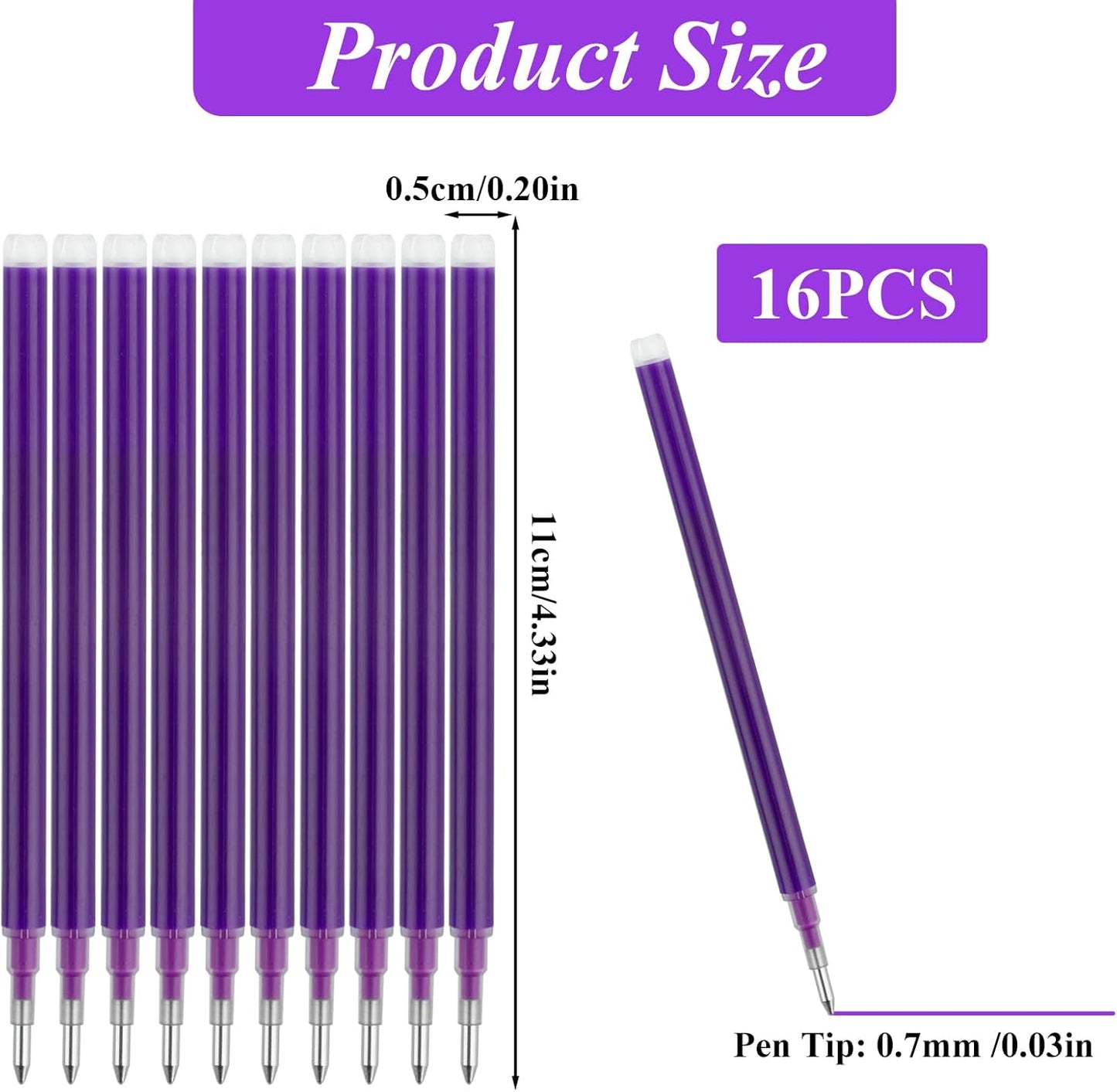 0.7 mm Erasable Gel Ink Pen Refills Compatible with Frixion Friction, Smooth Writing Multicolor Retractable Fine Point Pen Refill for School Office Home Art (Purple, 16)