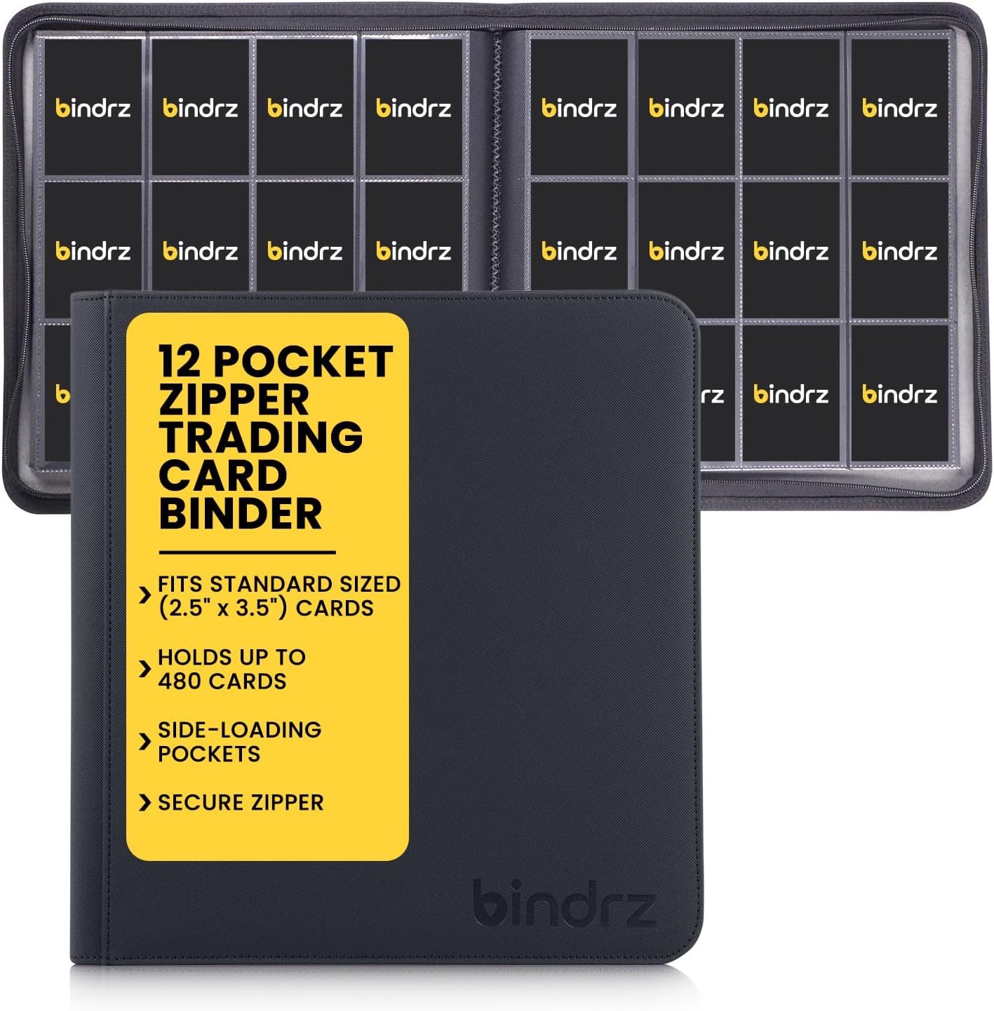 12 Pocket Zipper Binder for 480 Sleeved Trading Cards - Side Loading Pockets Album - Archival Safe Material and Compatible with TCG MTG and Sports Collectibles (Black)