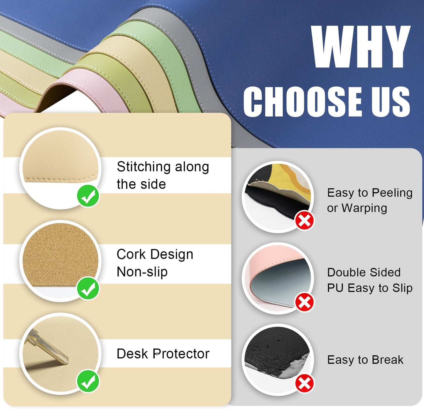 Dual-Sided Desk Pad, Natural Cork & PU Leather Mouse Pad for Desk, Desk Pad Protector, Non-Slip Desk Mat for Office and Home Work, (Apricot, 23.6" x 13.7")