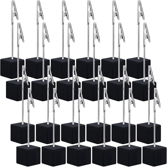 24 Pcs Wooden Memo Clips Holder Lightweight Wood Cube Base with Alligator Clip Clasp Mini Photo Holder Clip Menu Holder for Displaying Number Card (Black)