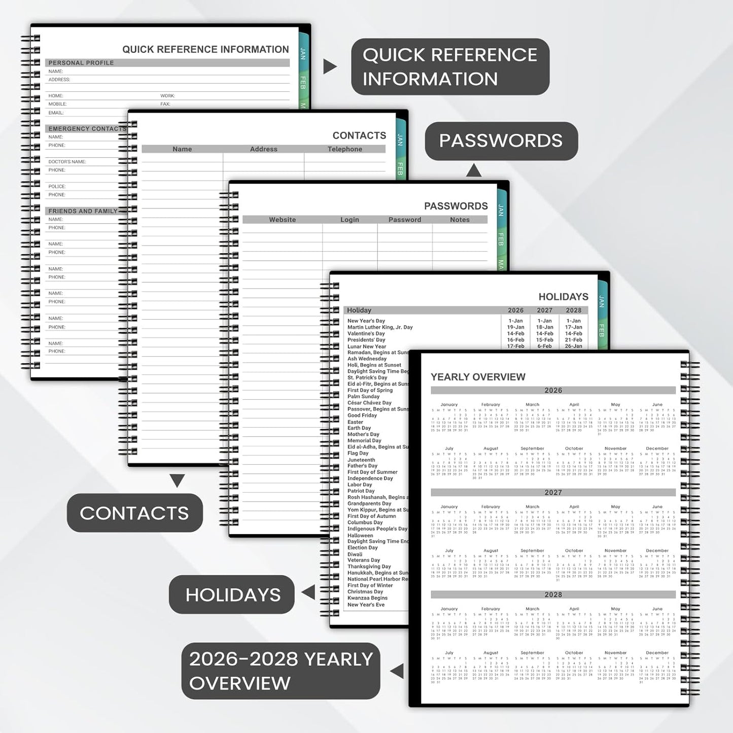 2026 Monthly Planner - JAN. 2026 - DEC. 2026, 2026 Planner with Colorful Tabs, 8" x 10", Monthly Planner/Calendar 2026 with Contacts, Back Pocket, Thick Paper, Twin-Wire Binding - Waterproof Cover(Black)