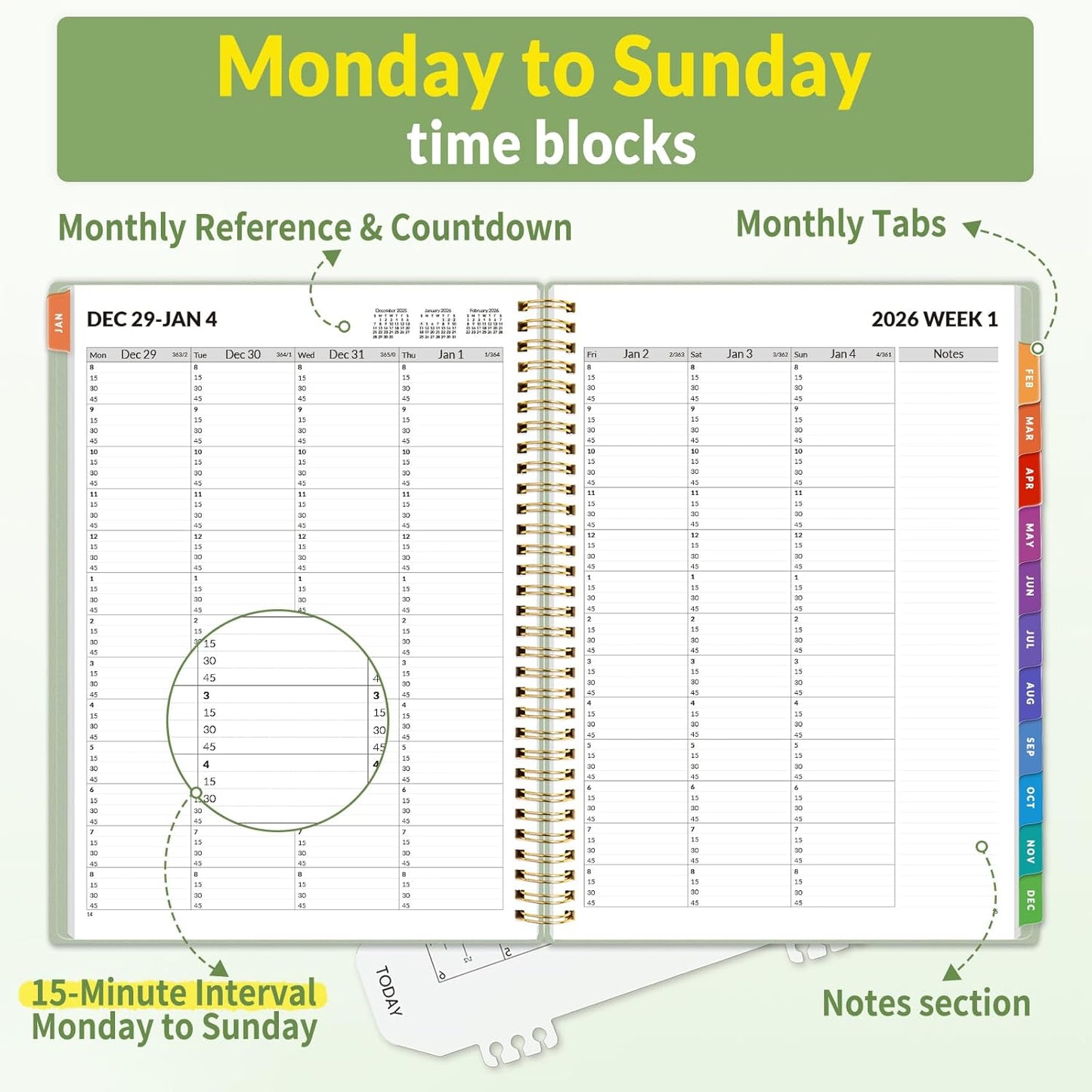 SUNEE 2026 Appointment Planner 15-Minute Time Block – Weekly & Monthly Spiral Organizer with Note Section – Thick Paper, Lay-Flat Bound – 8.5 x 11 for Office, School, Salon, Men & Women, Sage Green