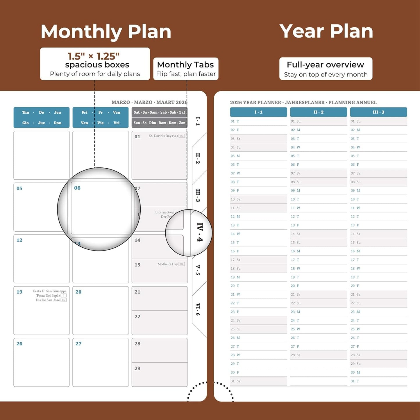 Daily Planner 2026 with One Page Per Day,(A5-8.5" x 5.9"),12 Months Calendar Hourly Appointment Book Monthly Tabs & Self-adhesive Pen Holder,Inner Pocket, Vegan Leather Hardback,Brown