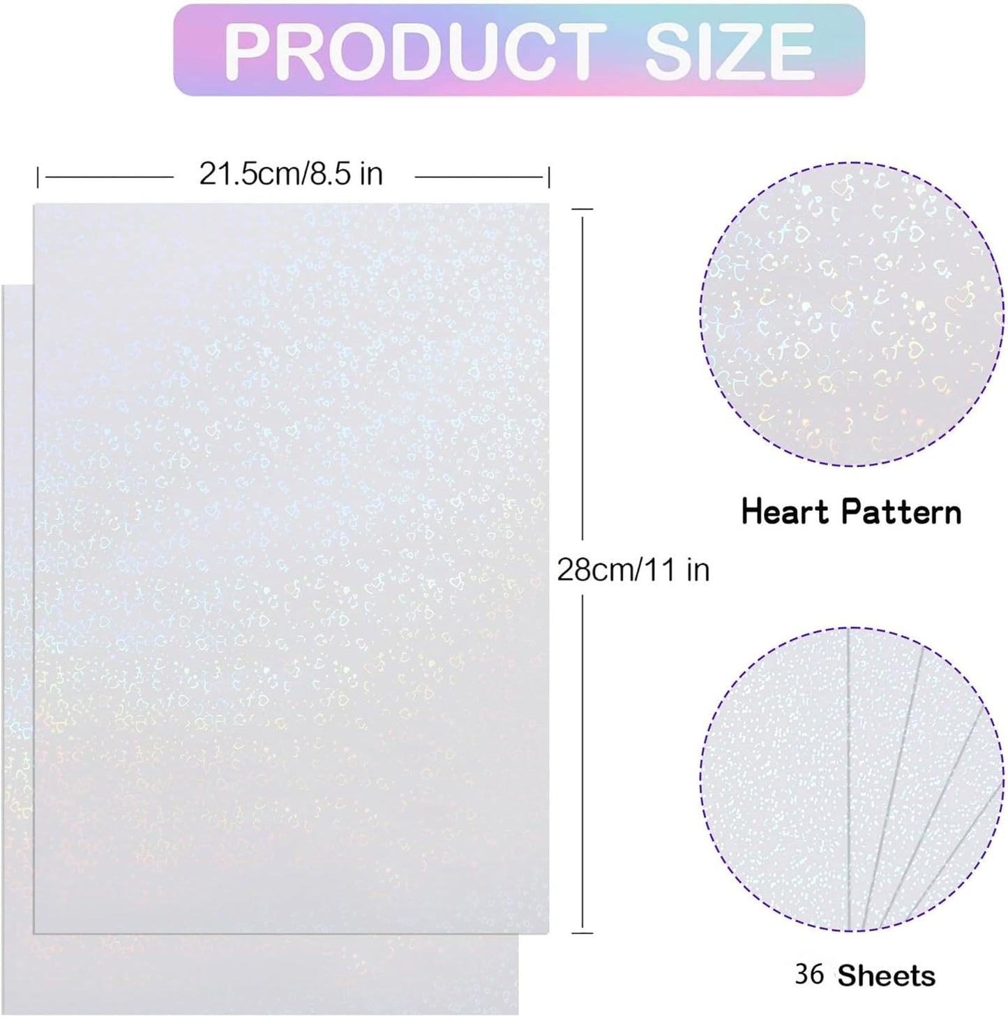 Holographic Sticker Paper, 36 Sheets Transparent Holographic Vinyl Overlay Lamination Sheets, Clear Self Adhesive Laminate Sticker Film for Stickers DIY Crafts, Heart Patterns - 8.5x11 Inch