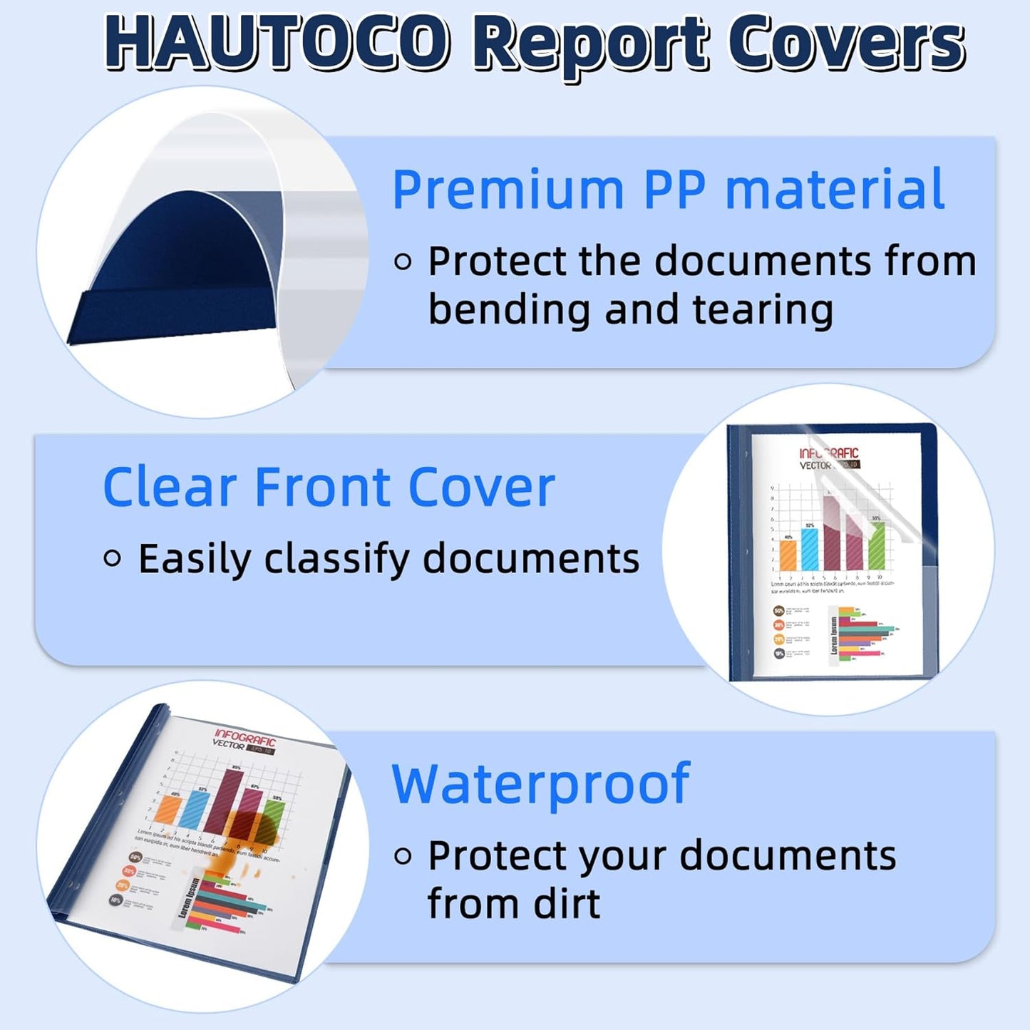 HAUTOCO 30 Pack Plastic Report Covers with 3-Prong Fasteners Clear Front Presentation Folders Resume Folders for 8.5x11 Letter Size Paper, Document Report Cover for School Office Business, Navy Blue