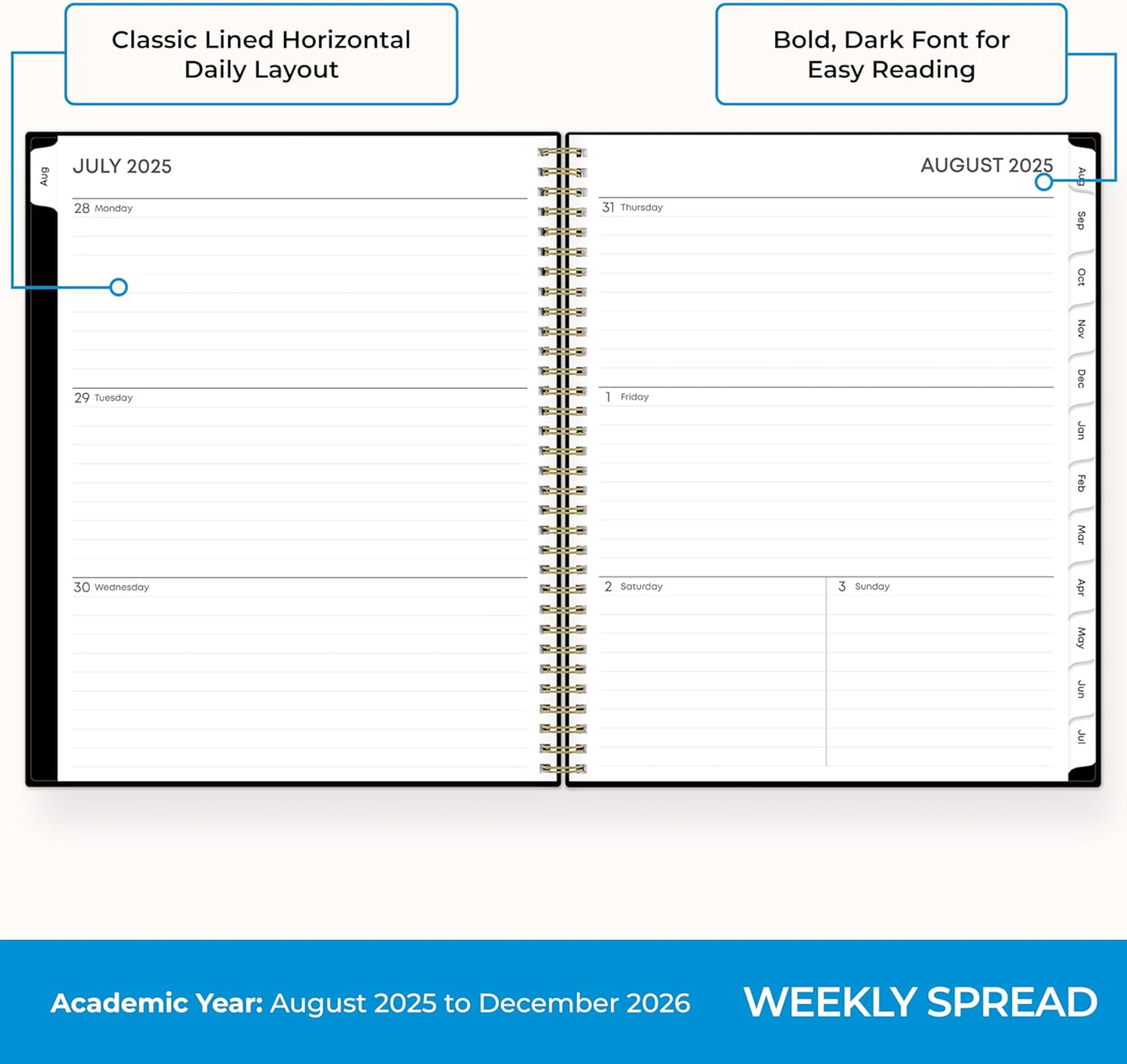 Blue Sky 2025-2026 Academic Year Weekly and Monthly Planner Calendar, August 2025 - December 2026, 17-Month, 8.5" x 11", Flexible Cover, Wirebound, Laminated Tabs, Black
