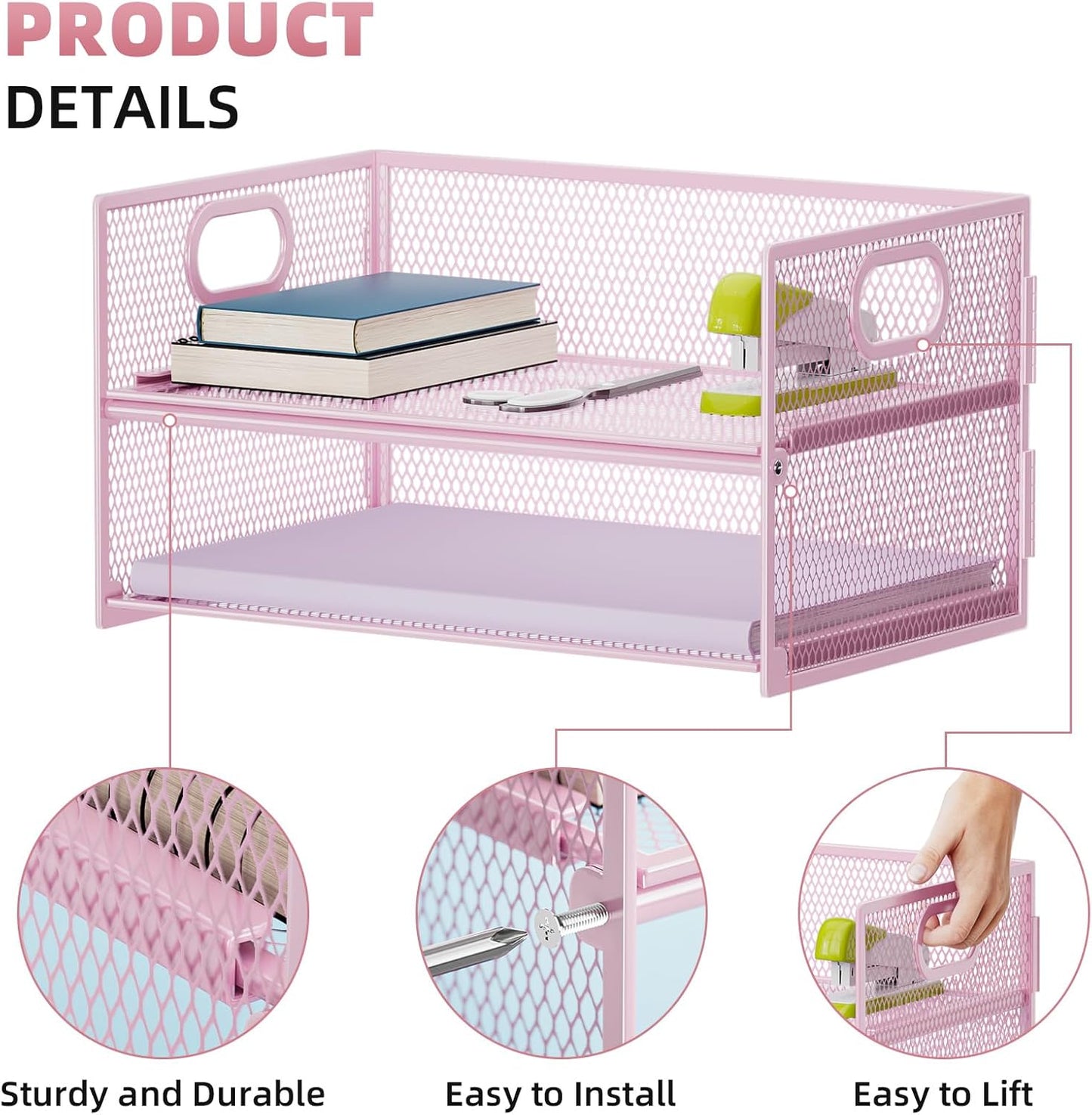 Marbrasse 2 Tier Paper Organizer Letter Tray, Mesh File Organizer with Handle, Paper Sorter Desk Organizer for Home Office Supplies - Pink