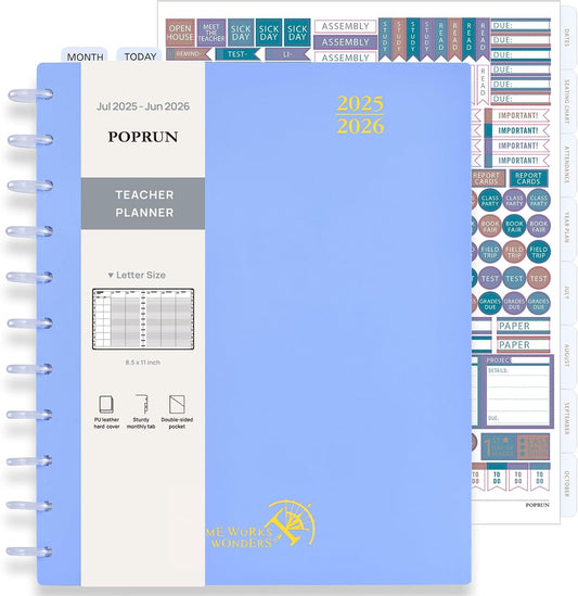 POPRUN Teacher Planner 2025-2026, (Disc-Bound Letter Size - 8.5'' x 11'') Academic Lesson Planner (Jul. 2025 - Jun. 2026) with Monthly Tabs, 2-Sided Pocket, Hardcover for Teachers, Cornflower