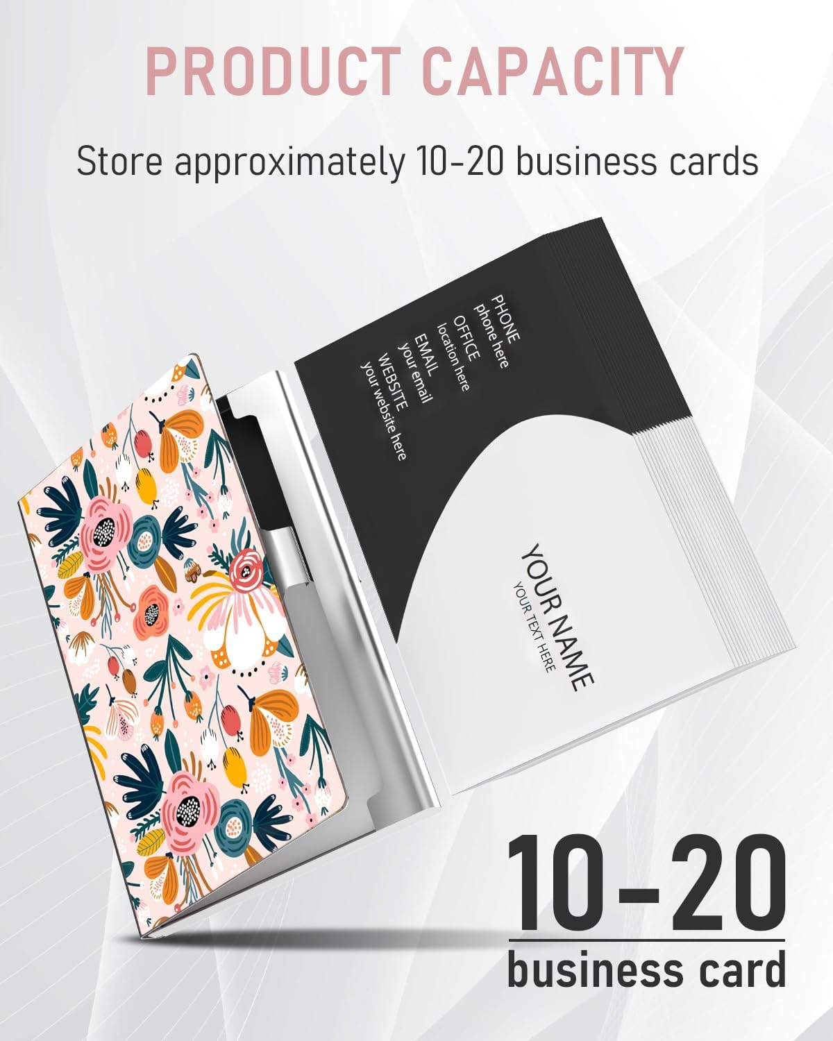 Business Card Metal Slim Organizer, Professional Stainless Steel Square Pocket Wallet for Office Workers, Compact and Portable for Pockets (Pink Flowers)