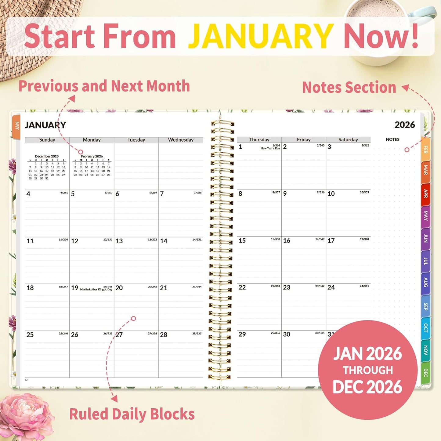SUNEE 2026 Appointment Planner 15-Minute Time Block – Weekly & Monthly Spiral Organizer with Note Section – Thick Paper, Lay-Flat Bound – 8.5 x 11 for Office, School, Salon, Men & Women, Wildflowers