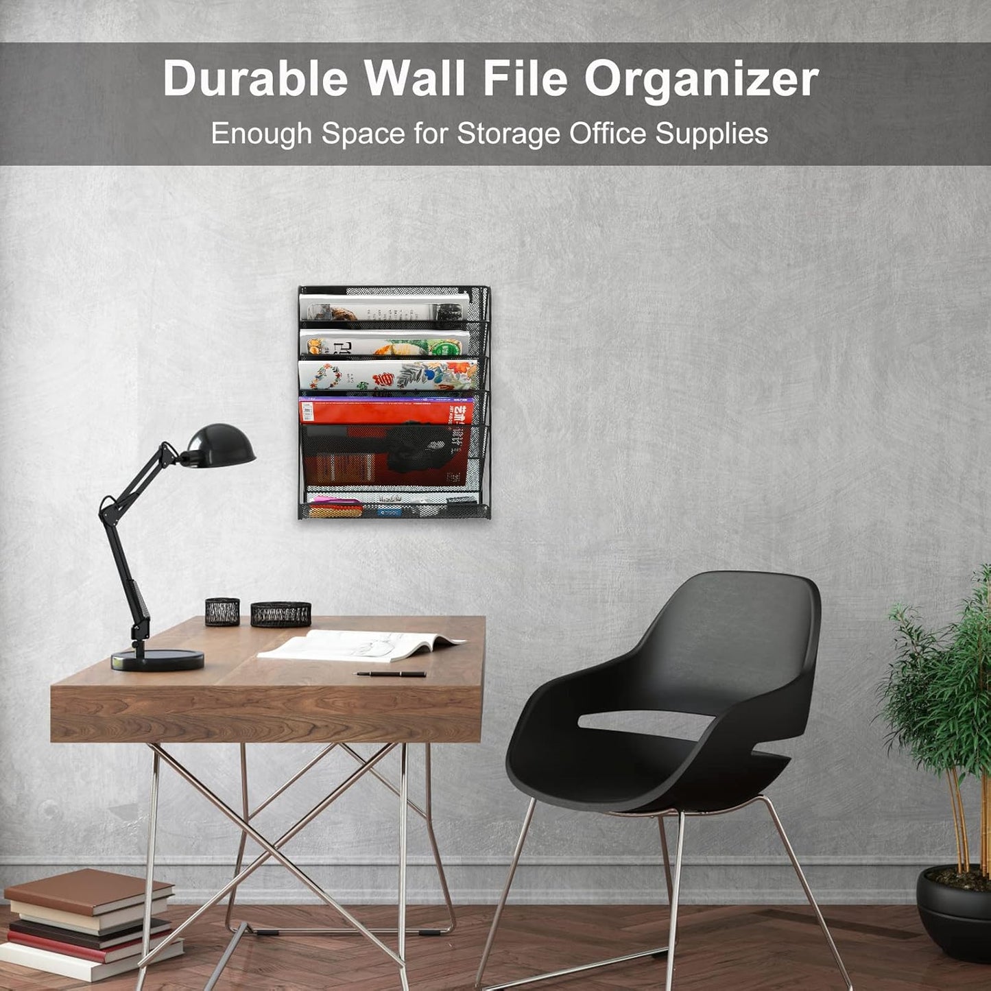 EasyPAG Wall File Holder 5 Tier Vertical Hanging File Organizer Wall Mount Paper Folder Rack with Bottom Flat Tray for Office and Home,Black