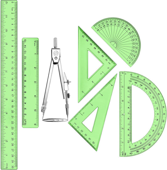 Zonon 1 Set Plastic Geometry Math Set Includes Drawing Compass, 6 Inch 4 Inch Protractor, 45/60 Degree Triangle Rulers 12 Inch 6 Inch Math Ruler Transparent for Office Supplies(Green)