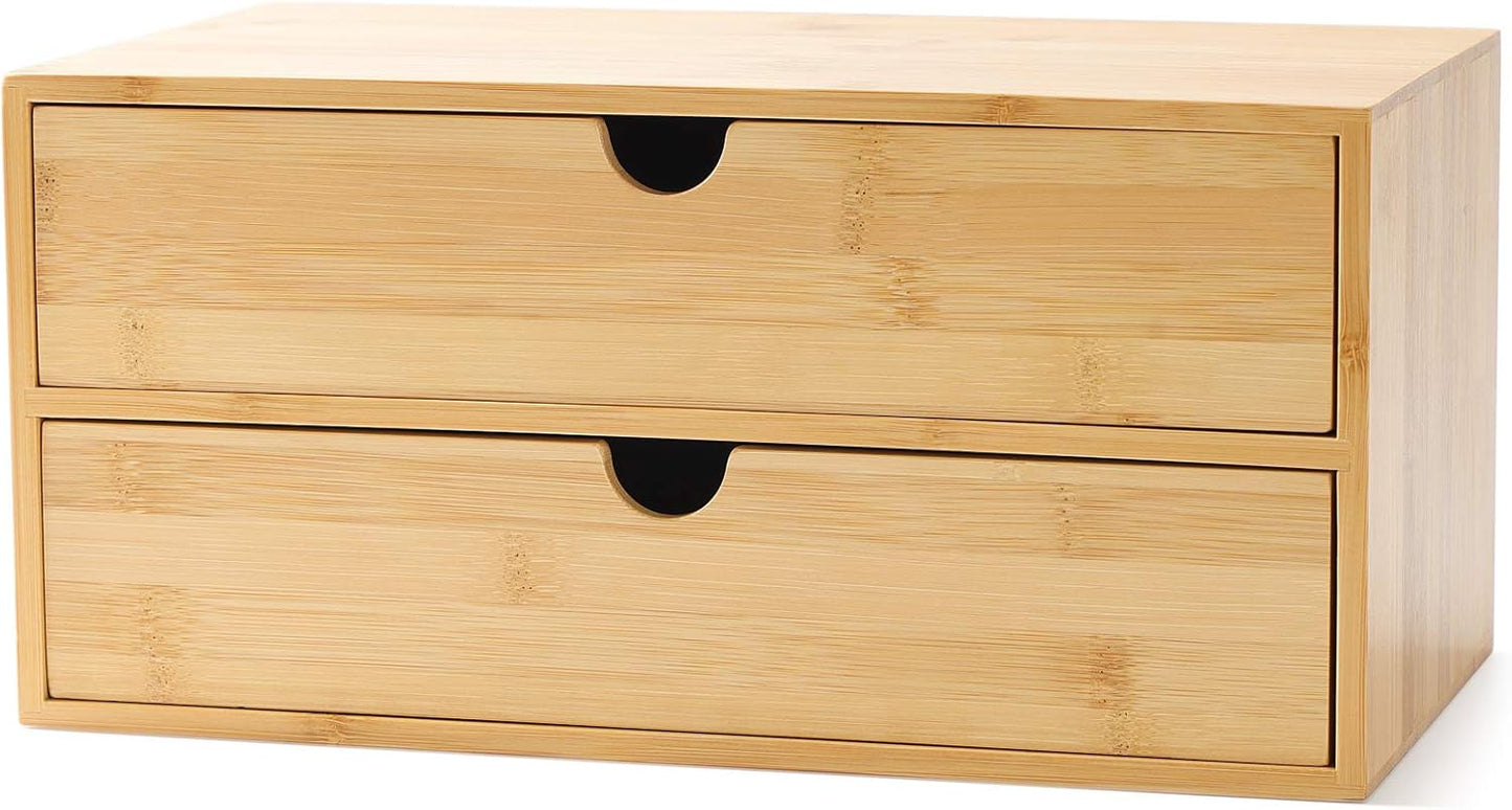 Bamboo Desk Drawer Organizer, 2 Drawer Desktop Organizer with Drawers Tabletop Storage Organization Box for Office Home Toiletries Supplies Vanity, No Assembly Required