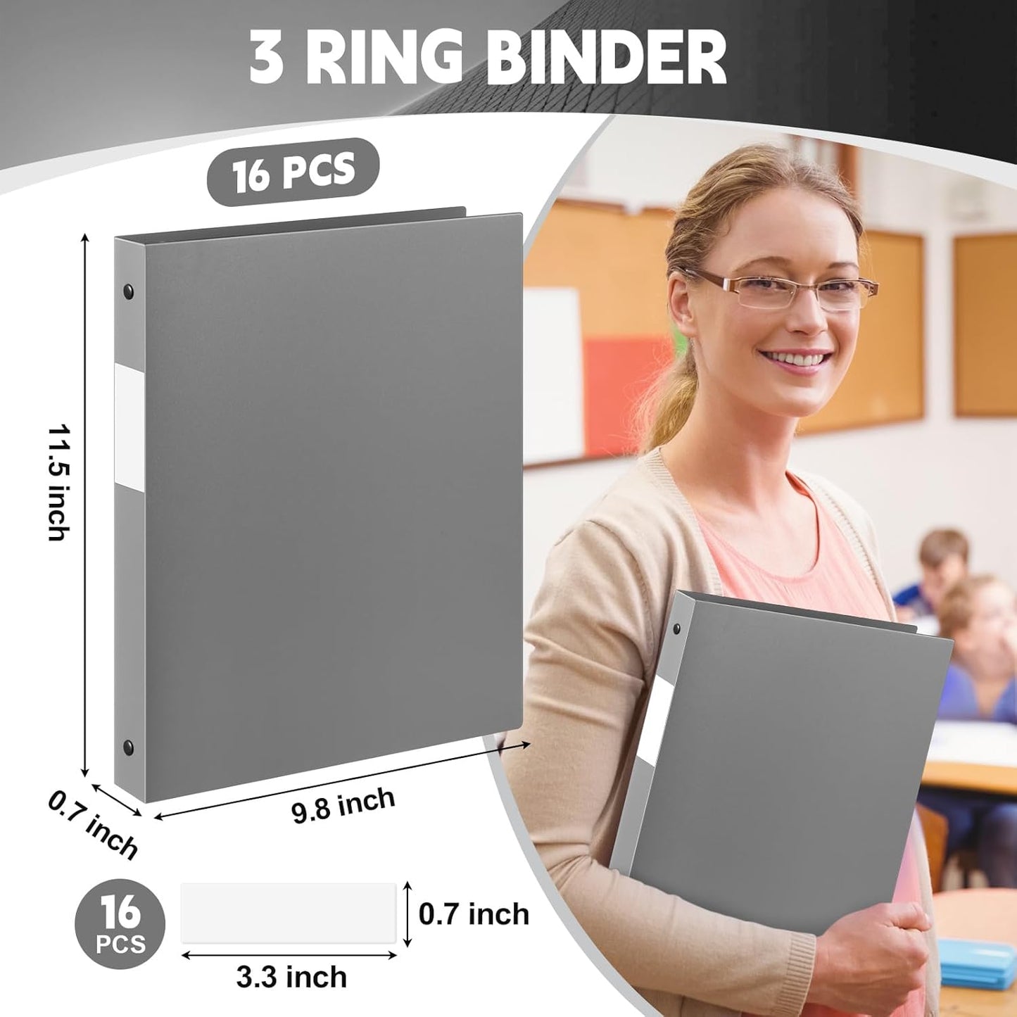 Henoyso 16 Pcs 3 Ring Binder 1/2'' Round Fits Letter Size 8. 5'' x 11'' Paper Plastic Flexible Binder Holds 100 Sheets with 1 Pockets Versatile Organizer for Office Home School (Gray)
