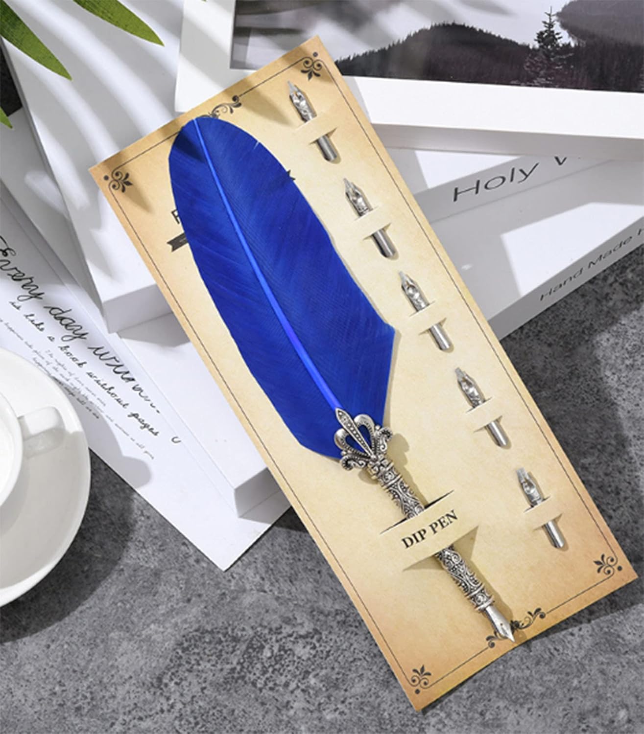 Gullor Calligraphy Feather Quill Pen and 5 Calligraphy Nibs for Beginners Kids Calligraphy Writing Quill Dip Pen Set, Blue