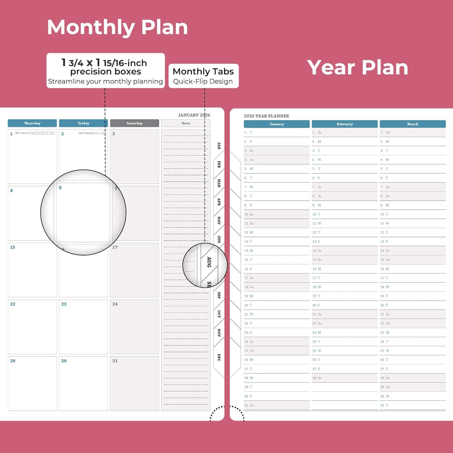 Weekly Monthly 2026 Planner (Jan.26-Dec.26),11.5"x8.5",12 Months Agenda Plan with Month Tabs & Pocket,Expenses/Note Pages, Appointment Book Calendar with Vegan Leather Cover,Rose Red