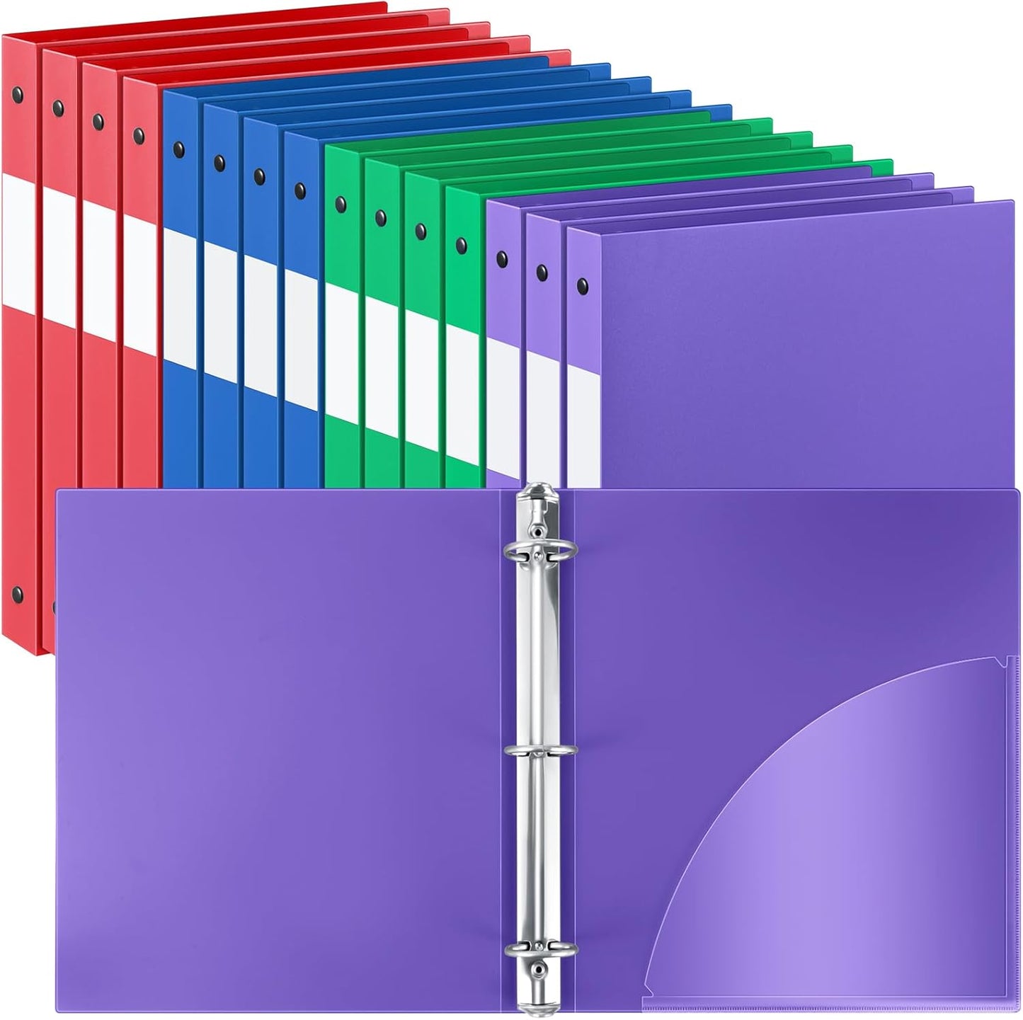 Henoyso 16 Pcs 3 Ring Binder 1/2'' Round Fits Letter Size 8. 5'' x 11'' Paper Plastic Flexible Binder Holds 100 Sheets with 1 Pockets Versatile Organizer for Office Home School (Blue Green Purple Red)