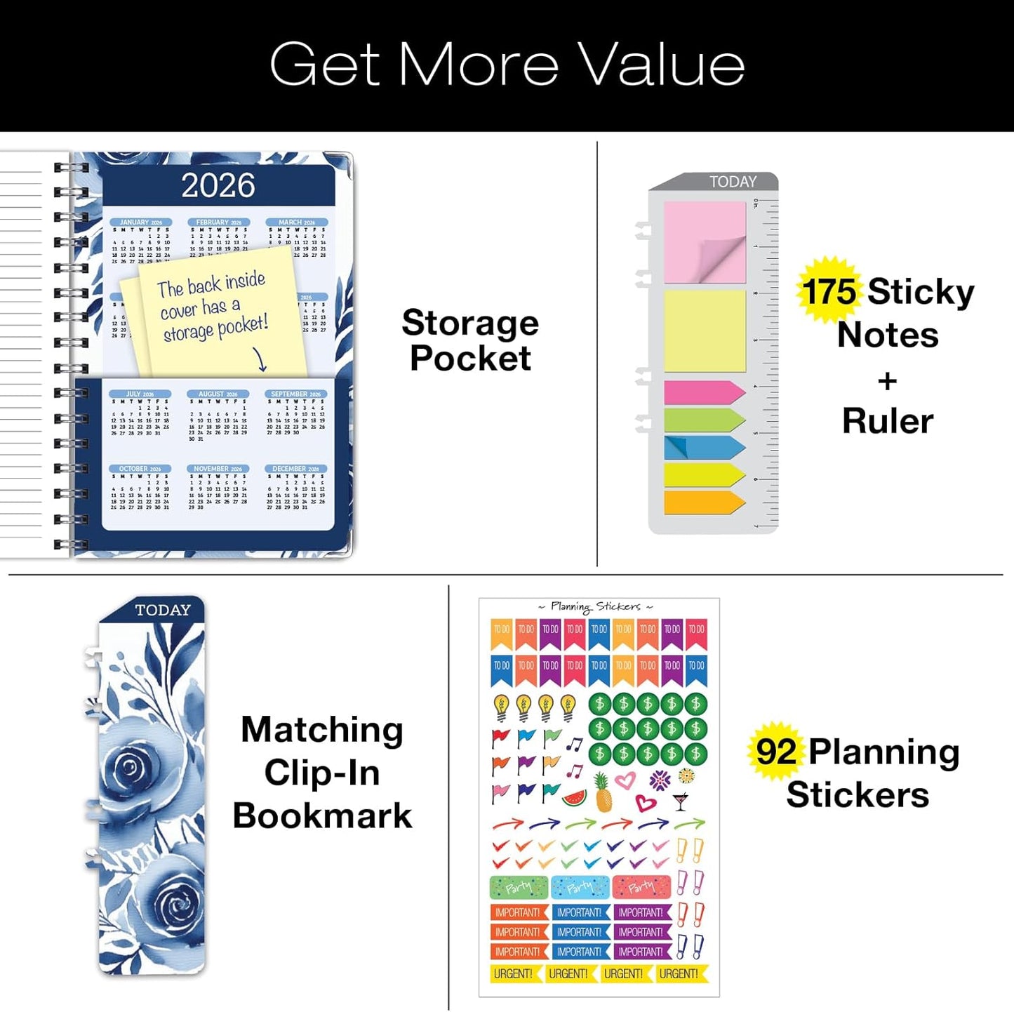 HARDCOVER Academic Year 2025-2026 Planner: (June 2025 Through July 2026) 5.5"x8" Daily Weekly Monthly Planner Yearly Agenda. Bookmark, Pocket Folder and Sticky Note Set (Blue Bloom)