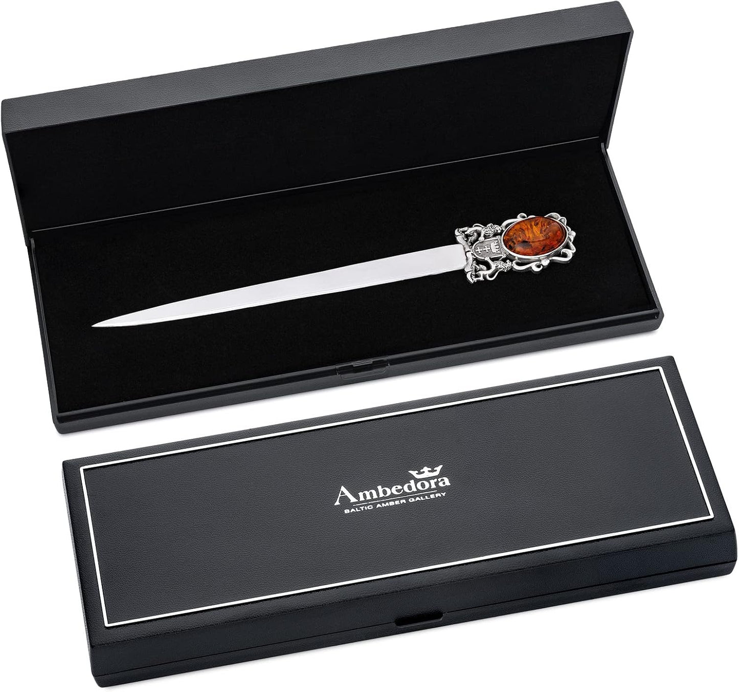 Silver Letter Opener with Baltic Amber, Oxidised Sterling Silver, Paper Knife with The Coat of Arms of Gdansk