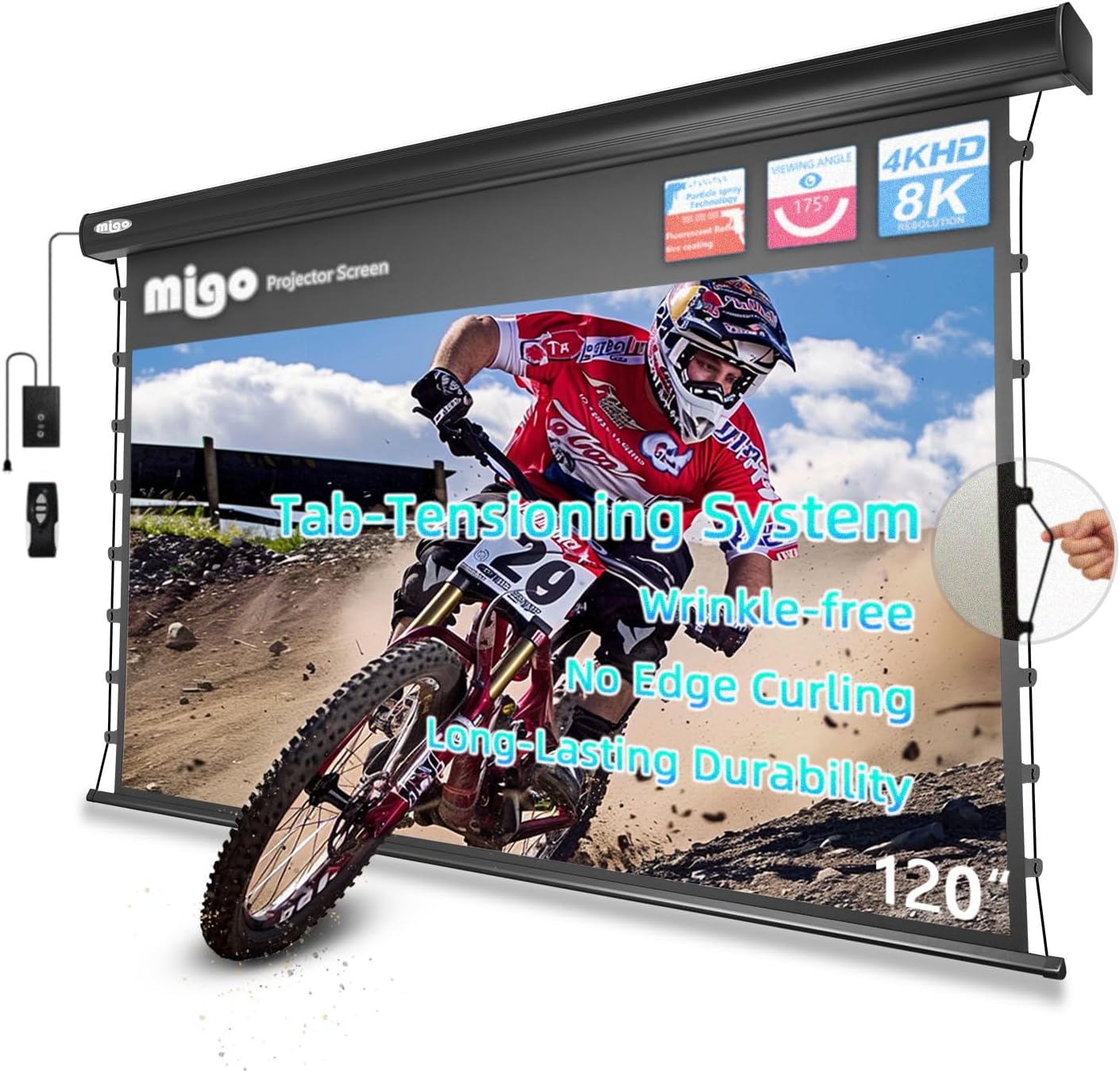 120 Inch Motorized Projector Screen Pull Down,2.0 Gain Partial Ambient Light 4K HD TabTension Electric Projector Screen Wall/Ceiling Mount for UST Projector Indoor Home Theater Bar(Black Housing)