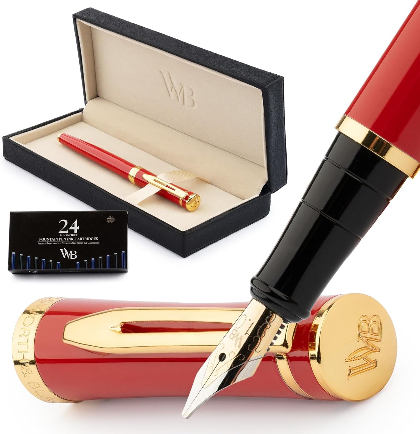 Wordsworth & Black Fountain Pen Set, 18K Gilded Broad Nib, Includes 24 Pack Ink Cartridges, Ink Refill Converter & Gift Box, Gold Finish, Calligraphy, [Crimson Red], Perfect for Men & Women