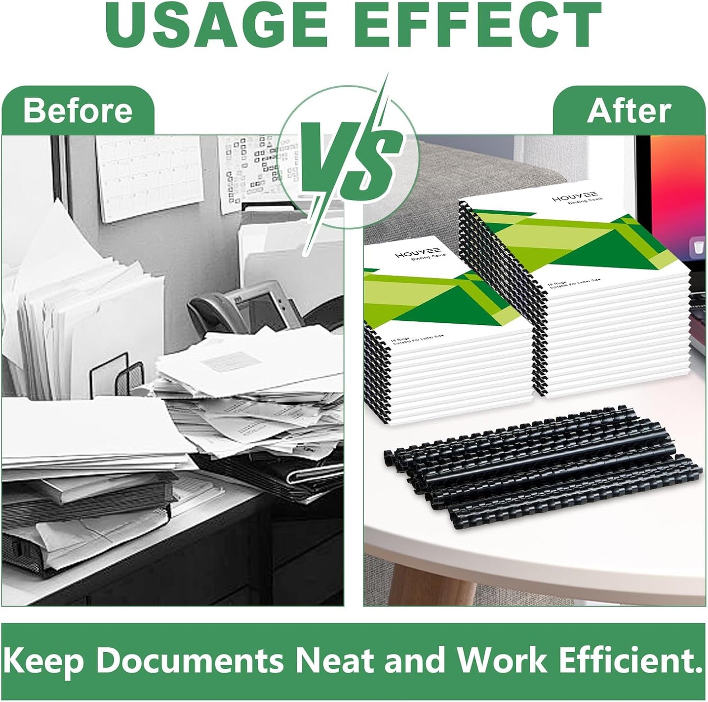 HOUYEE 5/16 Inch Plastic Binding Comb 19 Ring, 40 Sheet Capacity, Letter Size Black Comb Binding Spines (100 Pack)