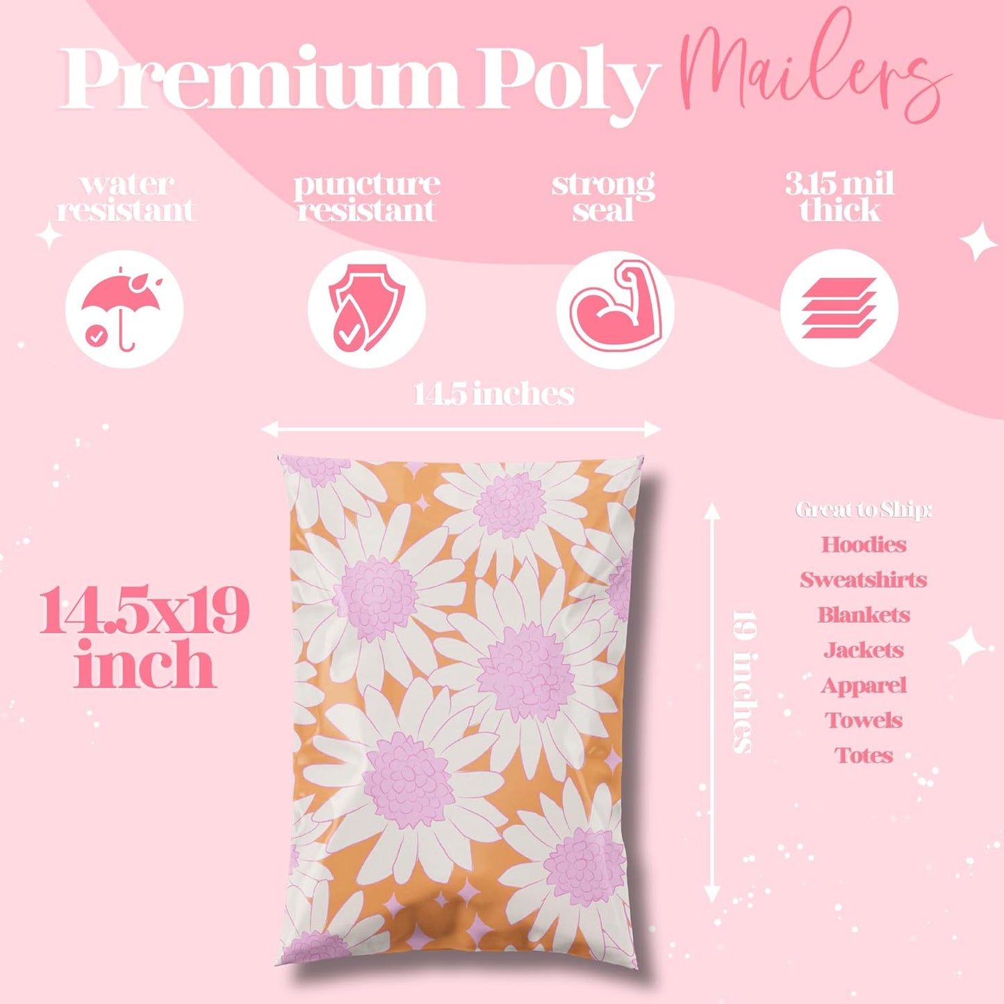 14.5x19 Designer Poly Mailer 100 Pack Heavy Duty Waterproof Self Seal Shipping Bags for Small Business Large Mailing Envelopes Bulk Tear Resistant Packaging Pink Blooms Flowers