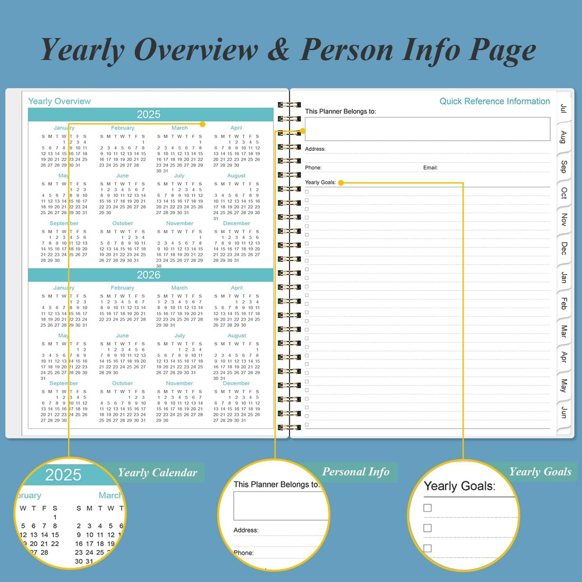 2025-2026 Planner - Weekly & Monthly Planner Spiral Bound, Planner 2025-2026 from July 2025 - June 2026 with Monthly Tabs, Inner Pocke, 8.5" x 11", Dark Blue