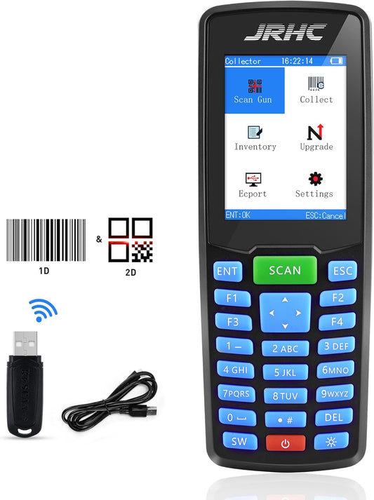 1D 2D Barcode Scanner Wireless, JRHC Portable Inventory Scanner & Data Collector Data Terminal PDT Inventory Device with Long Transmission Distance 2.4G Wireless Bar Code Reader with 2.8" LCD Screen