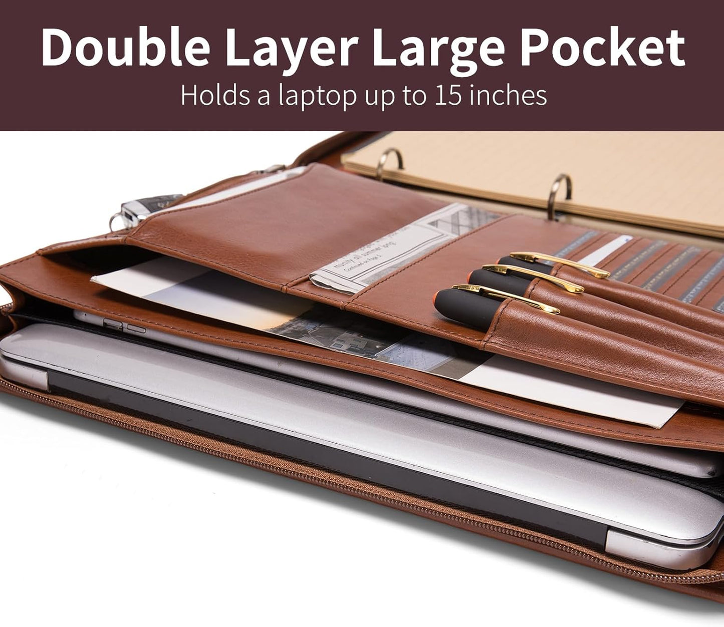 Genuine Leather 3 Ring Binder Portfolio, 8.5 x 14 Legal Size Pad Holder, Hidden Handle, Zippered Padfolio with 15” Laptop Organizer, Professional Business Folio for Men Women, Brown, Oil Tanned