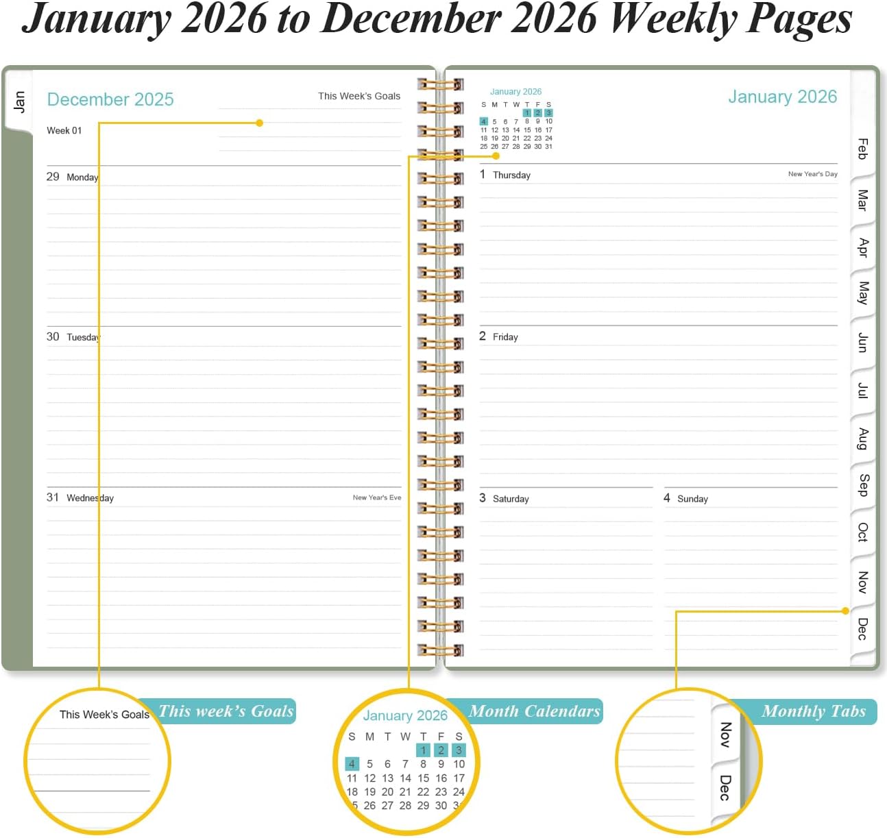 2026 Planner - Planner 2026 from January 2026 - December 2026, Weekly & Monthly Planner Spiral Bound with 12 Monthly Tabs, Inner Pocket, 6.4" x 8.5", Green-A