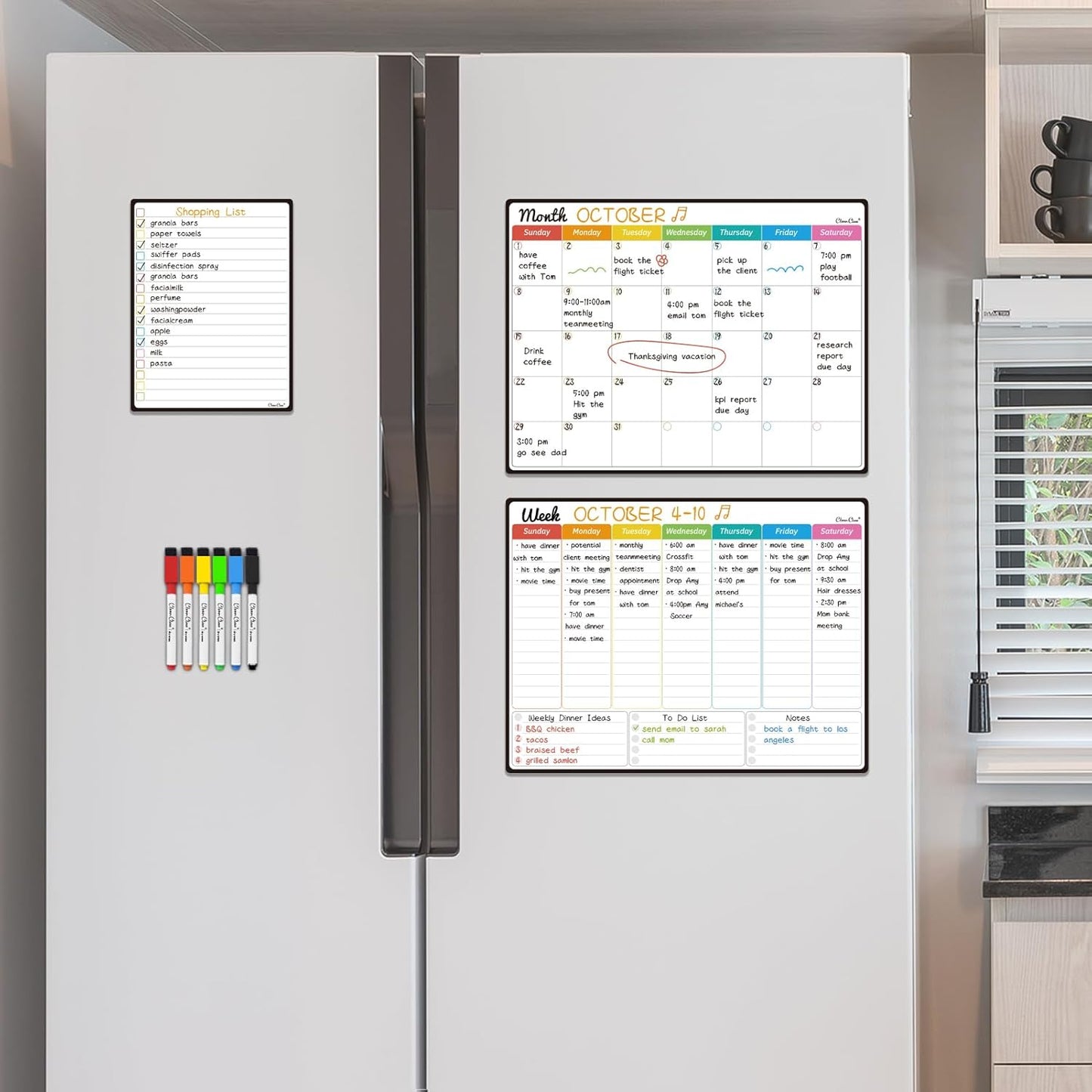 Magnetic Dry Erase Monthly Calendar Set - 14.5"x11" Monthly and Weekly Calendar, 6.5"x8.5" List Board for Fridge - 6 Extra Fine Point Markers Included - Shipped Flat