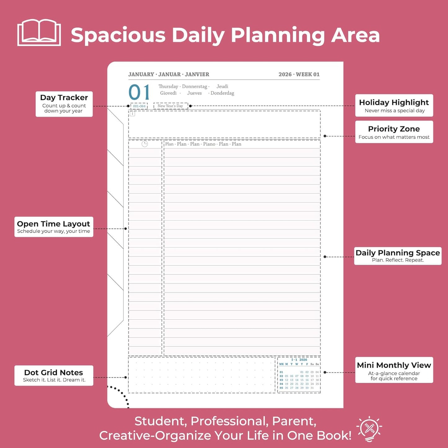 Daily Planner 2026 with One Page Per Day,(A5-8.5" x 5.9"),12 Months Calendar Hourly Appointment Book Monthly Tabs & Self-adhesive Pen Holder,Inner Pocket, Vegan Leather Hardback,Rose Red