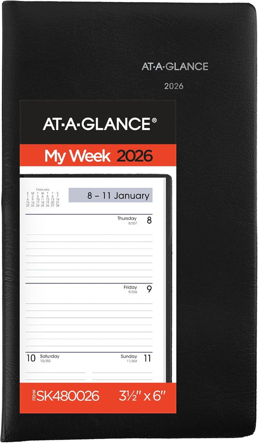 AT-A-GLANCE 2026 Planner, Weekly, 3-1/2" x 6", Pocket Size, Open Scheduling, DayMinder, Black (SK480026)