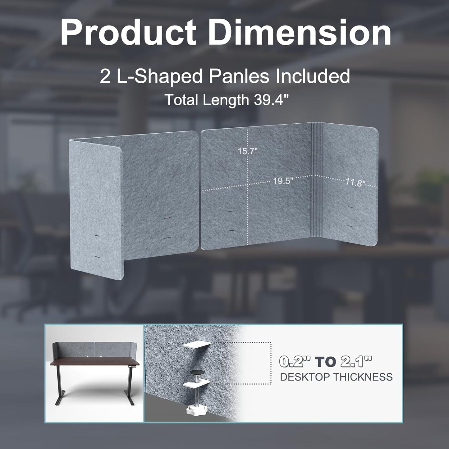 2-in-1 Adjustable Desktop & Under Desk Privacy Panel - 2PCS L-Shaped Acoustic Desk Divider That Reduce Noise and Visual Distractions, for Home Office Classroom (Grey, 39.4" x 15.7")
