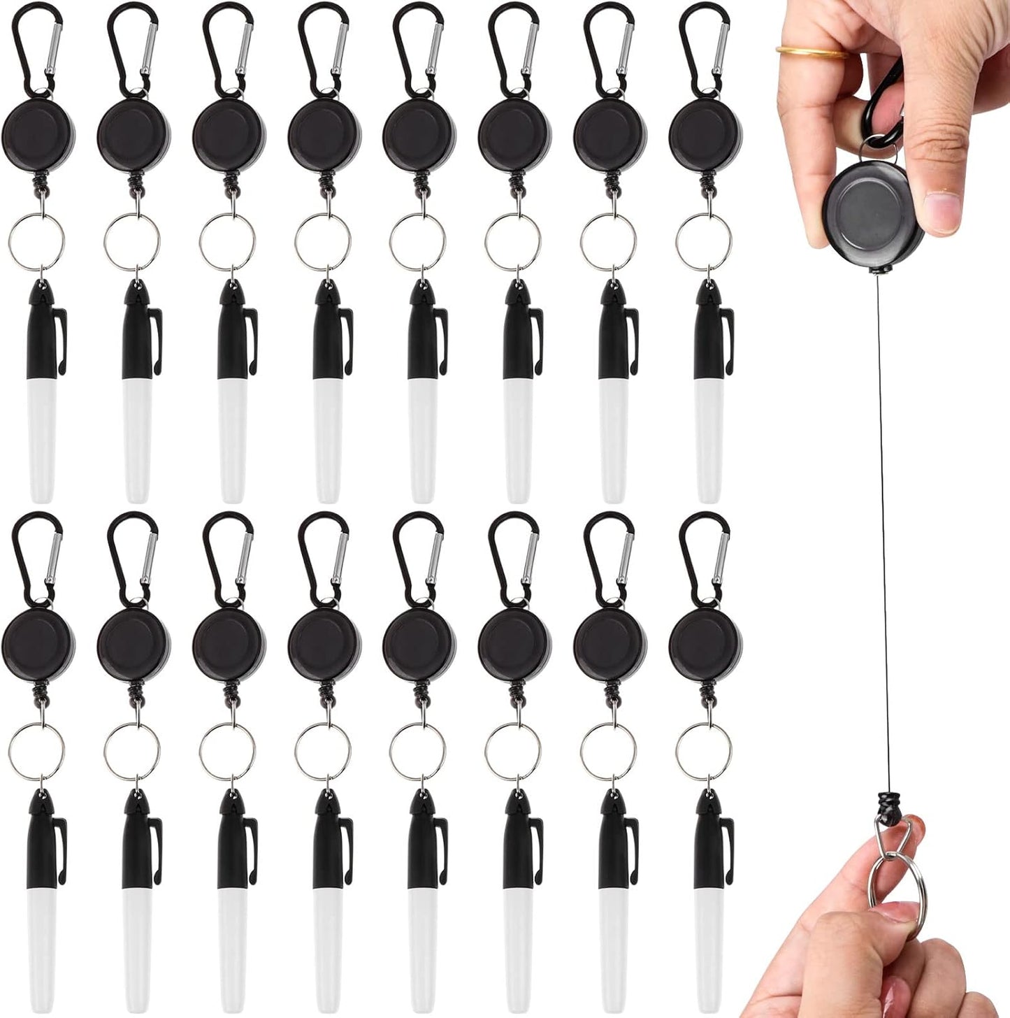 32 Pcs Mini Permanent Markers with Cap Clips Retractable Pen Reel Golf Ball Marker Pen Dry Erase Markers with Triangle Hook Golf Keychain Clips for Badge Black Ink Pens for Office School,Fine Point