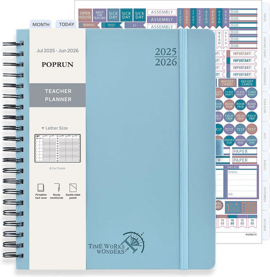 POPRUN Teacher Planner 2025-2026, (Letter Size - 8.5'' x 11'') Academic Lesson Planner (July 2025 - June 2026), with Monthly Tabs, Thick Papers, 2-Sided Pocket, Leather for Teachers, Dutch Blue