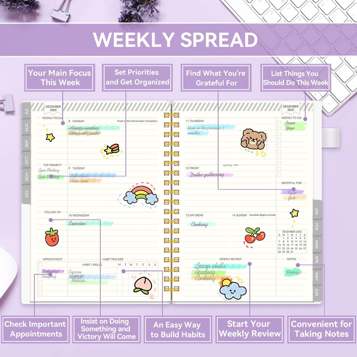 Planner 2025-2026, Academic Planners for Teacher & Student, AIMPEAK Weekly & Monthly Calendar Planner for Women, Daily Planners run from Jul.2025 - Jun.2026, Monthly Tabs, Purple, 7"x10"