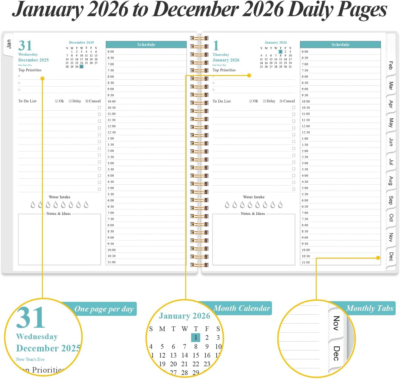 2026 Daily & Monthly Planner - One Page Per Day, Daily Planner from January 2026 - December 2026, Planner 2026 with 12 Monthly Tabs, 8.5" x 11", Teal Flower