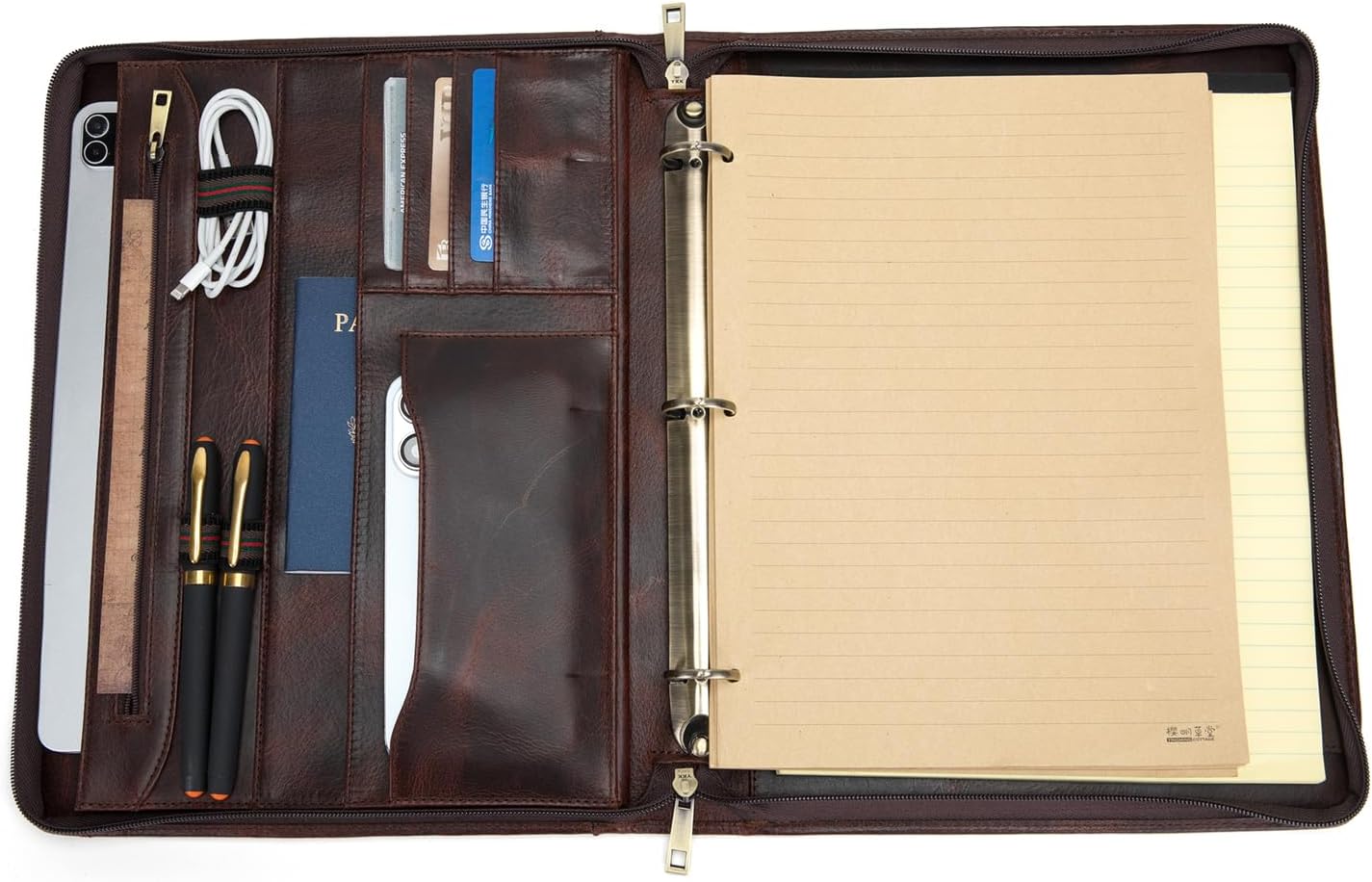 3 Ring Binder Genuine Leather Portfolio, Front Pocket, 8.5 x 11 Legal Pad Padfolio for Men and Women, Zippered Notepad Laptop Organizer, Business Executive Work Folio, Dark Brown, Oil Tanned