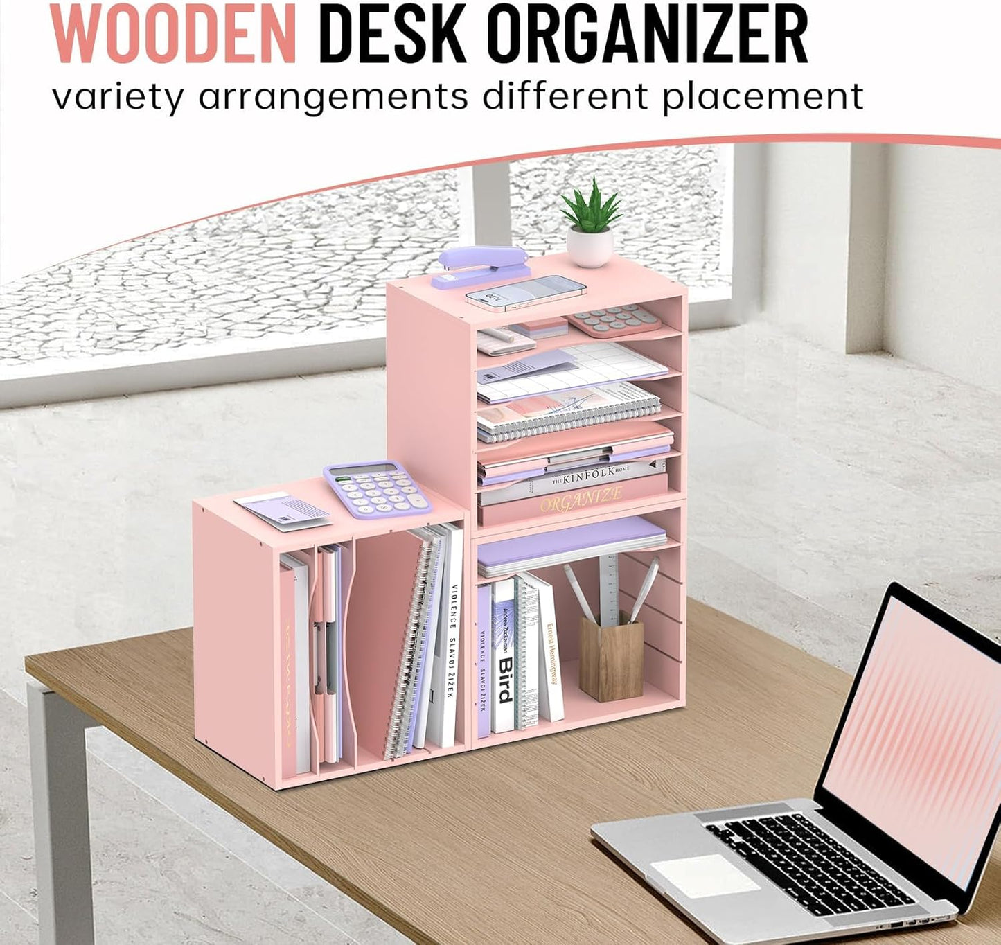 5-Tier Wood Desk Organizer, Paper Tray Organizer for Desk with Adjustable Storage Shelves, Desktop Paper Sorter Mail Holder for Office Home Classroom, Pink