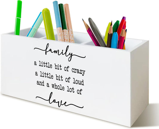 Family Signs Wooden Pen Holder for Home Decor Farmhouse Desk Shelf Decorations for Shelf Decorations, Family a Little Bit of Crazy Rustic Desk Decor for Home Office Table Pencil Holder