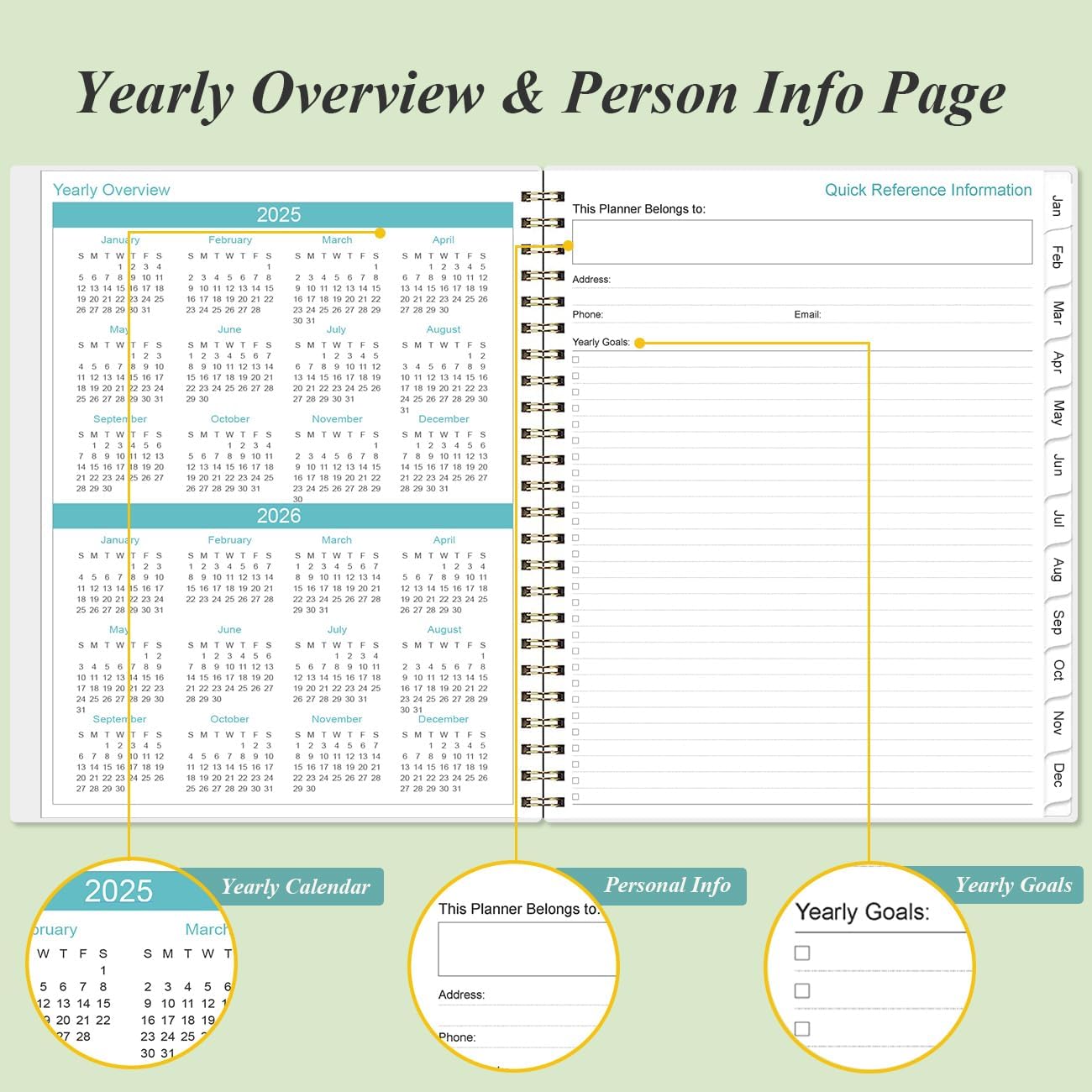 2025 Planner - Planner 2025 from January 2025 to December 2025 with 12 Monthly Tabs, Flexible Cover, Inner Pocket, 8.5" x 11", Green